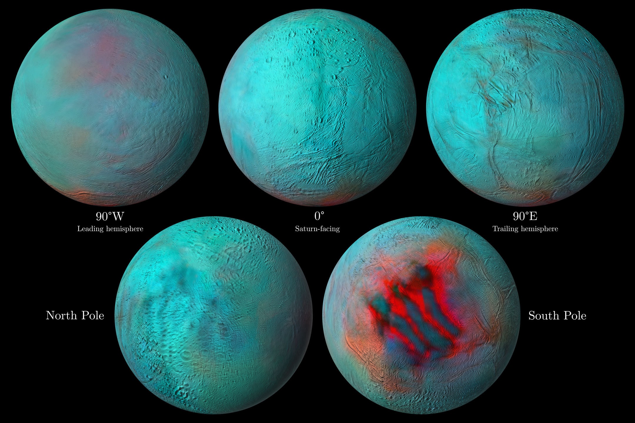 One of our Solar System's most tantalizing worlds, icy Saturnian moon Enceladus appears in these detailed hemisphere views from the Cassini spacecraft. In false color, the five panels present 13 years of infrared image data from Cassini's Visual and Infrared Mapping Spectrometer and Imaging Science Subsystem. Fresh ice is colored red, and the most dramatic features look like long gashes in the 500 kilometer diameter moon's south polar region. They correspond to the location of tiger stripes, surface fractures that likely connect to an ocean beneath the Enceladus ice shell. The fractures are the source of the moon's icy plumes that continuously spew into space. The plumes were discovered by by Cassini in 2005. Now, reddish hues in the northern half of the leading hemisphere view also indicate a recent resurfacing of other regions of the geologically active moon, a world that may hold conditions suitable for life.   Experts Debate: How will humanity first discover extraterrestrial life?