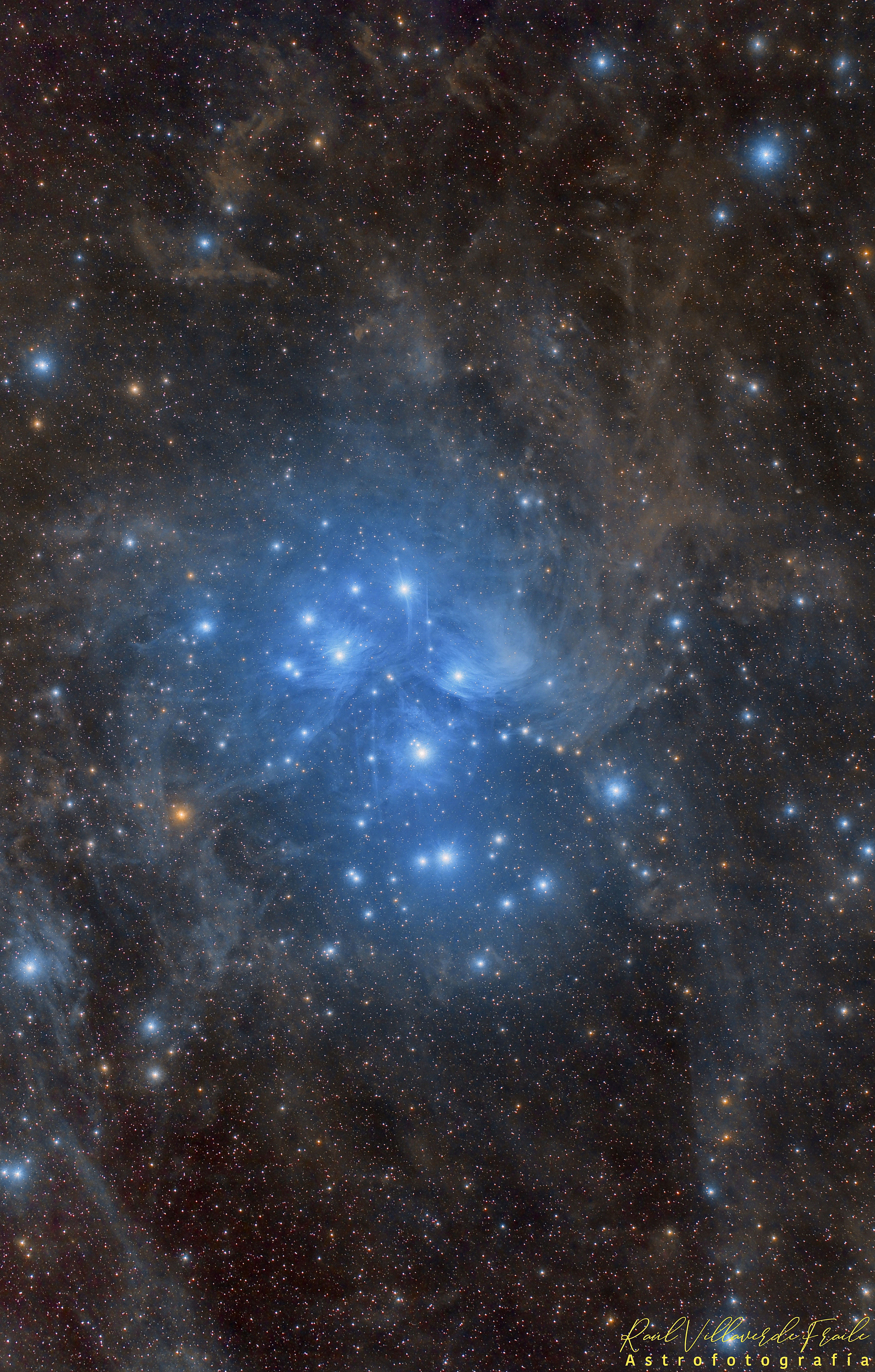 Have you ever seen the Pleiades star cluster? Even if you have, you probably have never seen it as large and clear as this. Perhaps the most famous star cluster on the sky, the bright stars of the Pleiades can be seen without binoculars from even the depths of a light-polluted city.  With a long exposure from a dark location, though, the dust cloud surrounding the Pleiades star cluster becomes very evident. The featured exposure covers a sky area several times the size of the full moon.  Also known as the Seven Sisters and M45, the Pleiades lies about 400 light years away toward the constellation of the Bull (Taurus).  A common legend with a modern twist is that one of the brighter stars faded since the cluster was named, leaving only six of the sister stars visible to the unaided eye. The actual number of Pleiades stars visible, however, may be more or less than seven, depending on the darkness of the surrounding sky and the clarity of the observer's eyesight.   Teachers & Students: Ideas for utilizing APOD in the classroom.