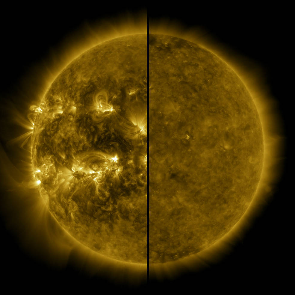 The general trend of monthly sunspot data now confirms that the minimum of the approximately 11 year cycle of solar activity occurred in December 2019, marking the start of Solar Cycle 25. That quiet Sun, at minimum activity, appears on the right of this split hemispherical view. In contrast, the left side shows the active Sun at the recognized maximum of Solar Cycle 24, captured in April 2014. The extreme ultraviolet images from the orbiting Solar Dynamics Observatory highlight coronal loops and active regions in the light of highly ionized iron atoms. Driving the space weather around our fair planet, Solar Cycle 24 was a relatively calm one and predictions are that cycle 25 will be calm too. The cycle 25 activity maximum is expected in July 2025. Solar Cycle 1, the first solar cycle determined from early records of sunspot data, is considered to begin with a minimum in February 1755.