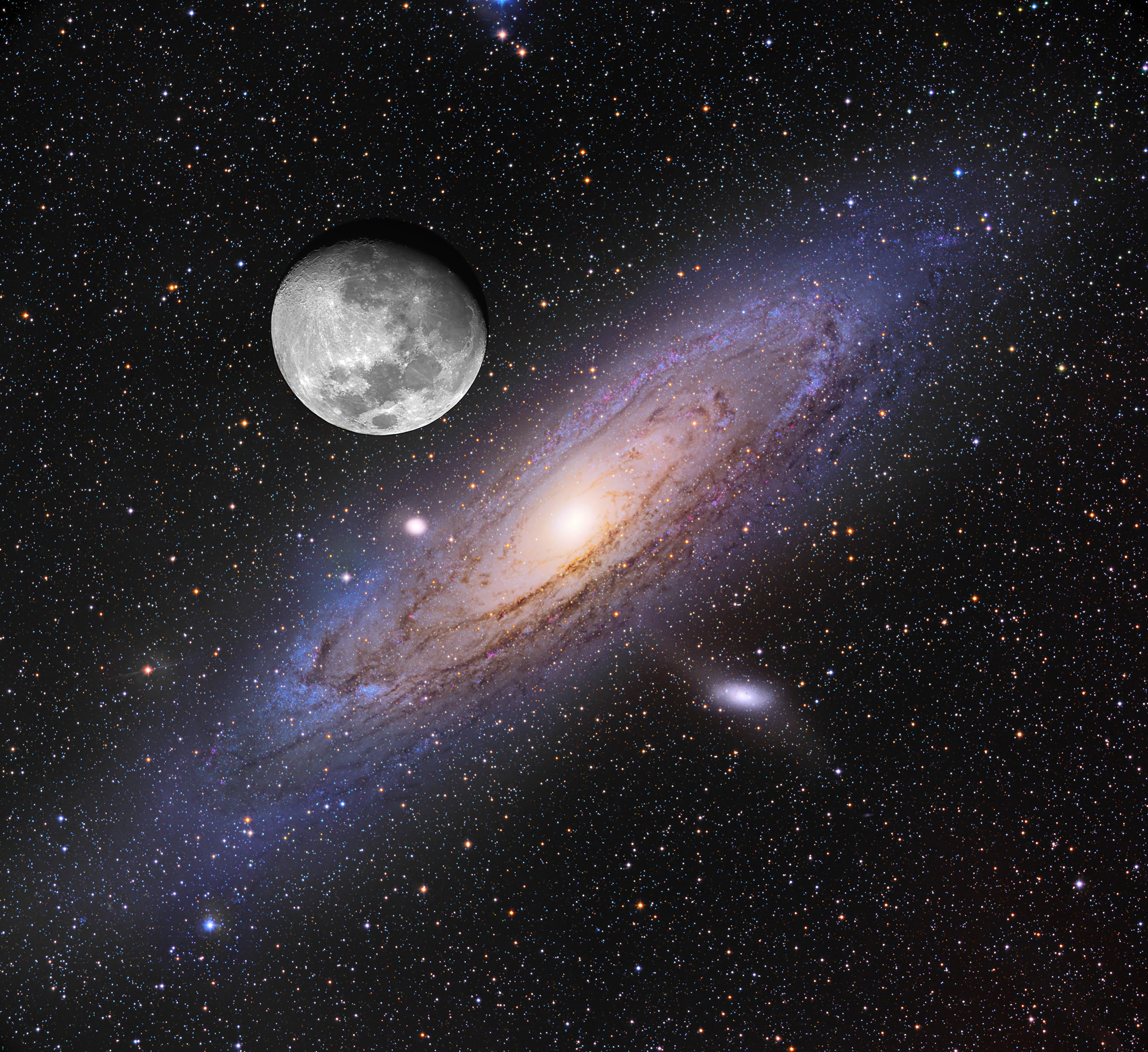 The Great Spiral Galaxy in Andromeda (also known as M31), a mere 2.5 million light-years distant, is the closest large spiral to our own Milky Way. Andromeda is visible to the unaided eye as a small, faint, fuzzy patch, but because its surface brightness is so low, casual skygazers can't appreciate the galaxy's impressive extent in planet Earth's sky. This entertaining composite image compares the angular size of the nearby galaxy to a brighter, more familiar celestial sight. In it, a deep exposure of Andromeda, tracing beautiful blue star clusters in spiral arms far beyond the bright yellow core, is combined with a typical view of a nearly full Moon. Shown at the same angular scale, the Moon covers about 1/2 degree on the sky, while the galaxy is clearly several times that size. The deep Andromeda exposure also includes two bright satellite galaxies, M32 and M110 (below and right).