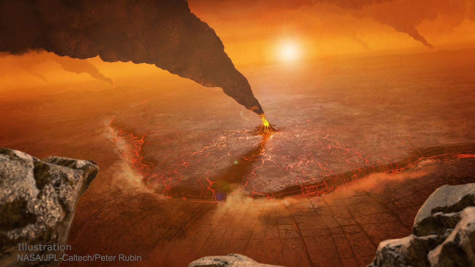 What would an erupting volcano on Venus look like? Evidence of currently active volcanoes on Venus was announced earlier this year with the unexplained warmth of regions thought to contain only ancient volcanoes.  Although large scale images of Venus have been taken with radar, thick sulfuric acid clouds would inhibit the taking of optical light vistas. Nevertheless, an artist's reconstruction of a Venusian volcano erupting is featured. Volcanoes could play an important role in a life cycle on Venus as they could push chemical foods into the cooler upper atmosphere where hungry microbes might float.  Pictured, the plume from an erupting volcano billows upwards, while a vast lava field covers part of the hot and cracked surface of Earth's overheated twin.  The possibility of airborne microbial Venusians is certainly exciting, but currently controversial.    An APOD Described on TikTok: By astrokirsten
