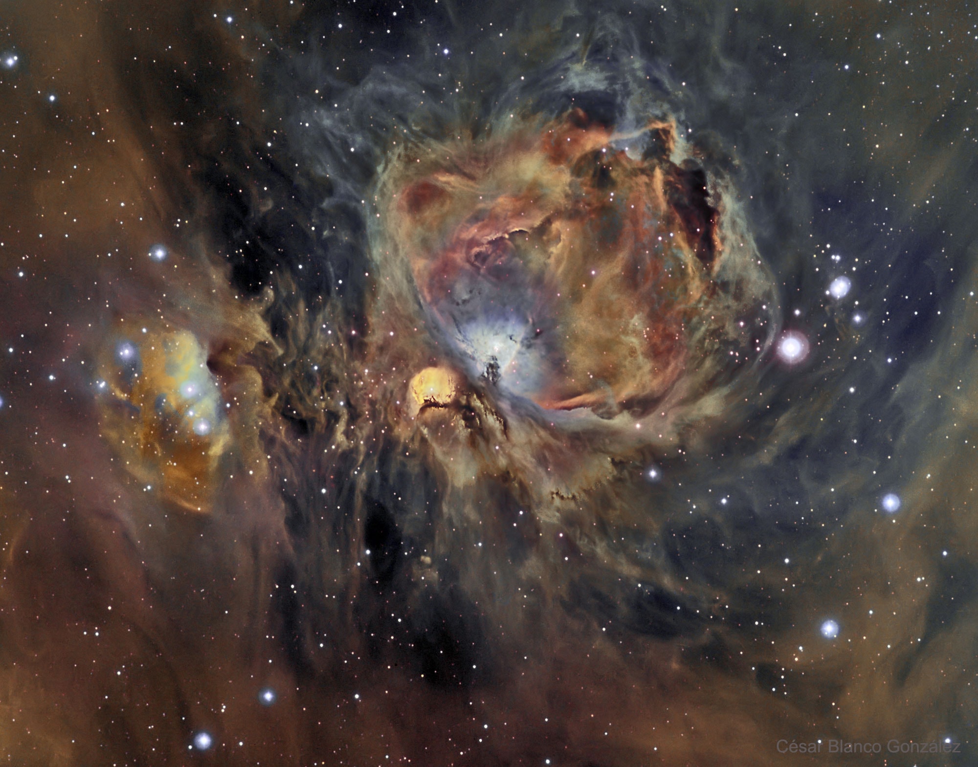 Few astronomical sights excite the imagination like the nearby stellar nursery known as the Orion Nebula.  The Nebula's glowing gas surrounds hot young stars at the edge of an immense interstellar molecular cloud.  Many of the filamentary structures visible in the featured image are actually shock waves - fronts where fast moving material encounters slow moving gas.  The Orion Nebula spans about 40 light years and is located about 1500 light years away in the same spiral arm of our Galaxy as the Sun.  The Great Nebula in Orion can be found with the unaided eye just below and to the left of the easily identifiable belt of three stars in the popular constellation Orion.  The image shows the nebula in three colors specifically emitted by hydrogen, oxygen, and sulfur gas.  The whole Orion Nebula cloud complex, which includes the Horsehead Nebula, will slowly disperse over the next 100,000 years.