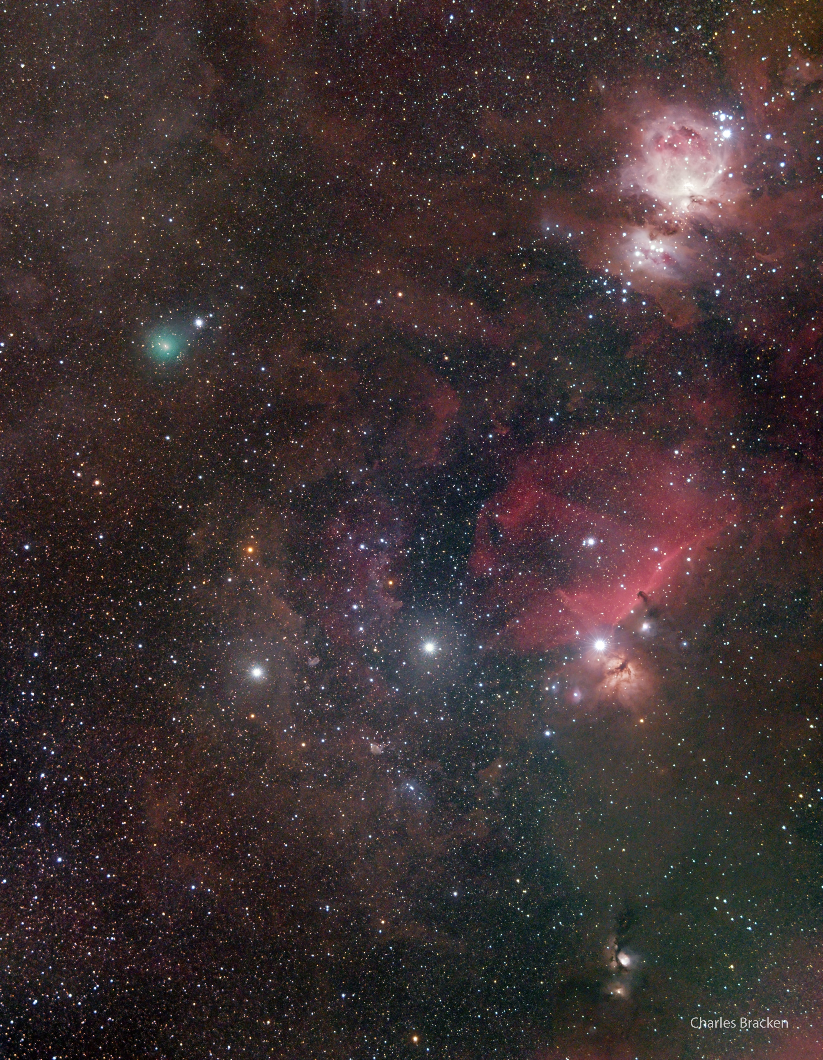 With its closest approach to planet Earth scheduled for November 14, this Comet ATLAS (C/2020 M3) was discovered just this summer, another comet found by the NASA funded Asteroid Terrestrial-impact Last Alert System. It won't get as bright as Comet NEOWISE but it can still be spotted using binoculars, as it currently sweeps through the familiar constellation of Orion. This telephoto field from November 8, blends exposures registered on the comet with exposures registered on Orion's stars. It creates an effectively deep skyview that shows colors and details you can't quite see though, even in binoculars. The comet's telltale greenish coma is toward the upper left, above Orion's three belt stars lined-up across the frame below center. You'll also probably spot the Orion Nebula, and famous Horsehead Nebula in the stunning field of view. Of course one of Orion's belt stars is nearly 2,000 light-years away. On November 14, this comet ATLAS will fly a mere 2.9 light-minutes from Earth.