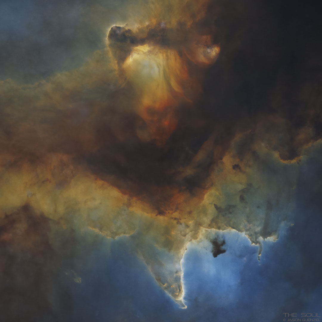 This cosmic close-up looks deep inside the Soul Nebula. The dark and brooding dust clouds near the top, outlined by bright ridges of glowing gas, are cataloged as IC 1871. About 25 light-years across, the telescopic field of view spans only a small part of the much larger Heart and Soul nebulae. At an estimated distance of 6,500 light-years the star-forming complex lies within the Perseus spiral arm of our  Milky Way Galaxy, seen in planet Earth's skies toward the constellation Cassiopeia. An example of triggered star formation, the dense star-forming clouds in the Soul Nebula are themselves sculpted by the intense winds and radiation of the region's massive young stars. In the featured image, stars have been digitally removed to highlight the commotion in the gas and dust.