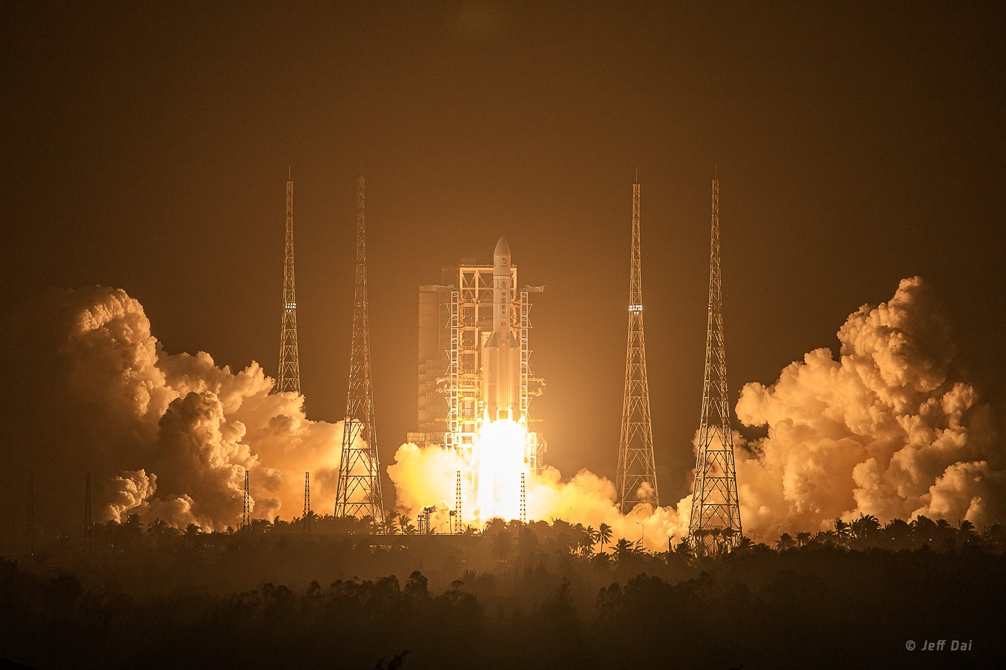 This Long March-5 rocket blasted off from the Wenchang launch site in southernmost Hainan province on Tuesday November 24, at 4:30 am Beijing Time, carrying China's Chang'e-5 mission to the Moon. The lunar landing mission is named for the ancient Chinese goddess of the moon. Its goal is to collect about 2 kilograms (4.4 pounds) of lunar material from the surface and return it to planet Earth, the first robotic sample return mission to the Moon since the Soviet Union's Luna 24 mission in 1976. The complex Chang'e-5 mission landing target is in the Oceanus Procellarum (Ocean of Storms). The smooth volcanic plain was also visited by the Apollo 12 mission in 1969. Chang'e-5's lander is solar-powered and scheduled to operate on the lunar surface during its location's lunar daylight, which will last about two Earth weeks, beginning around November 27. A capsule with the lunar sample on board would return to Earth in mid-December.