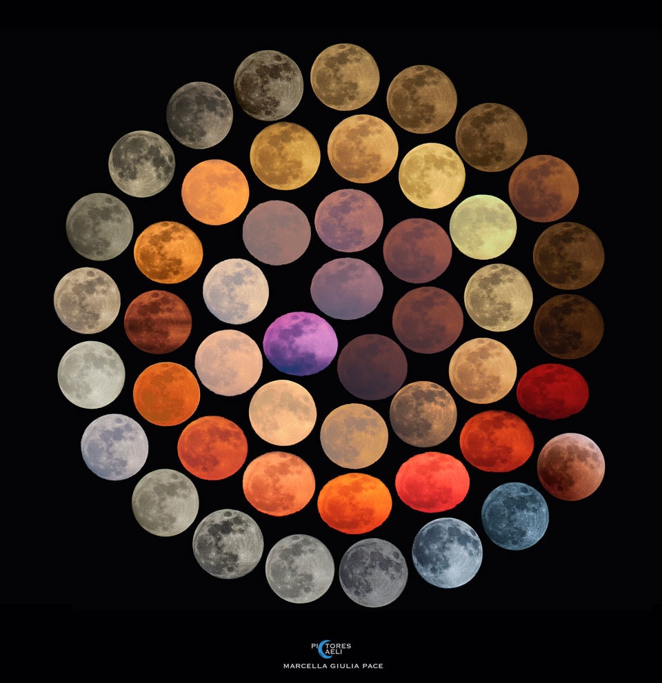 What color is the Moon? It depends on the night.  Outside of the Earth's atmosphere, the dark Moon, which shines by reflected sunlight, appears a magnificently brown-tinged gray.  Viewed from inside the Earth's atmosphere, though, the moon can appear quite different.  The featured image highlights a collection of apparent colors of the full moon documented by one astrophotographer over 10 years from different locations across Italy. A red or yellow colored moon usually indicates a moon seen near the horizon.  There, some of the blue light has been scattered away by a long path through the Earth's atmosphere, sometimes laden with fine dust. A blue-colored moon is more rare and can indicate a moon seen through an atmosphere carrying larger dust particles.  What created the purple moon is unclear -- it may be a combination of several effects.  The last image captures the total lunar eclipse of 2018 July -- where the moon, in Earth's shadow, appeared a faint red -- due to light refracted through air around the Earth. The next full moon will occur at the end of this month (moon-th) and is known in some cultures as the Beaver Moon.