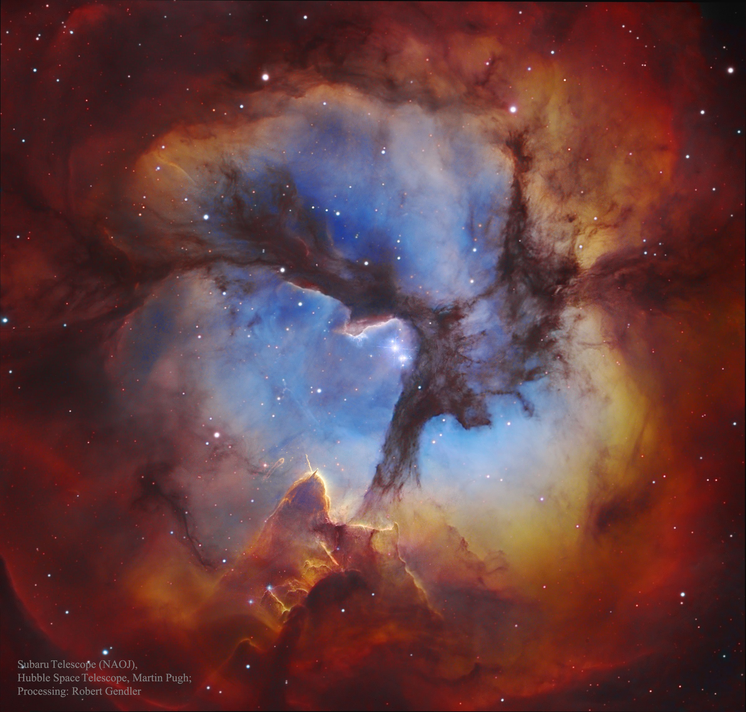 What's happening at the center of the Trifid Nebula? Three prominent dust lanes that give the Trifid its name all come together. Mountains of opaque dust appear near the bottom, while other dark filaments of dust are visible threaded throughout the nebula.  A single massive star visible near the center causes much of the Trifid's glow.  The Trifid, cataloged as M20, is only about 300,000 years old, making it among the youngest emission nebulas known.  The star forming nebula lies about 9,000 light years away toward the constellation of the Archer (Sagittarius). The region pictured here spans about 10 light years.  The featured image is a composite with luminance taken from an image by the 8.2-m ground-based Subaru Telescope, detail provided by the 2.4-m orbiting Hubble Space Telescope, color data provided by Martin Pugh and image assembly and processing provided by Robert Gendler.   Portal Universe: Random APOD Generator