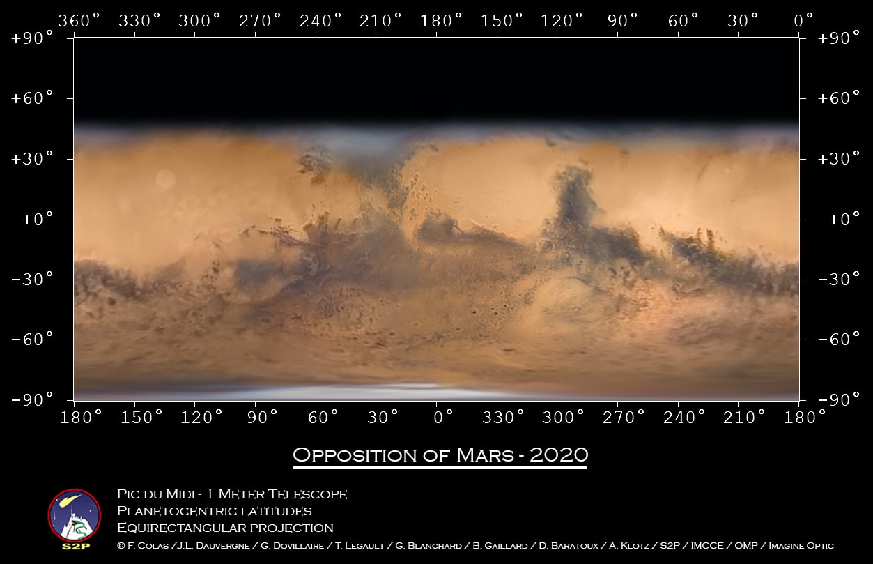 This may be the best global Mars map made with a telescope based on planet Earth. The image data were captured by a team of observers over six long nights at the Pic du Midi mountaintop observatory between October 8 and November 1, when the fourth rock from the Sun had not wandered far from its 2020 opposition and its biggest and brightest appearance in Earth's night sky. The large telescope used, 1 meter in diameter with a 17 meter focal length, was also used in support of NASA's Apollo lunar landing missions. After about 30 hours of processing, the data were combined to produced this remarkably sharp projected view of the martian surface extending to about 45 degrees northern latitude. The image data have also been mapped onto rotating sphere and rotating stereo views. Fans of Mars can easily pick out their favorite markings on the Red Planet by eyeing a labeled version of this global map of Mars.