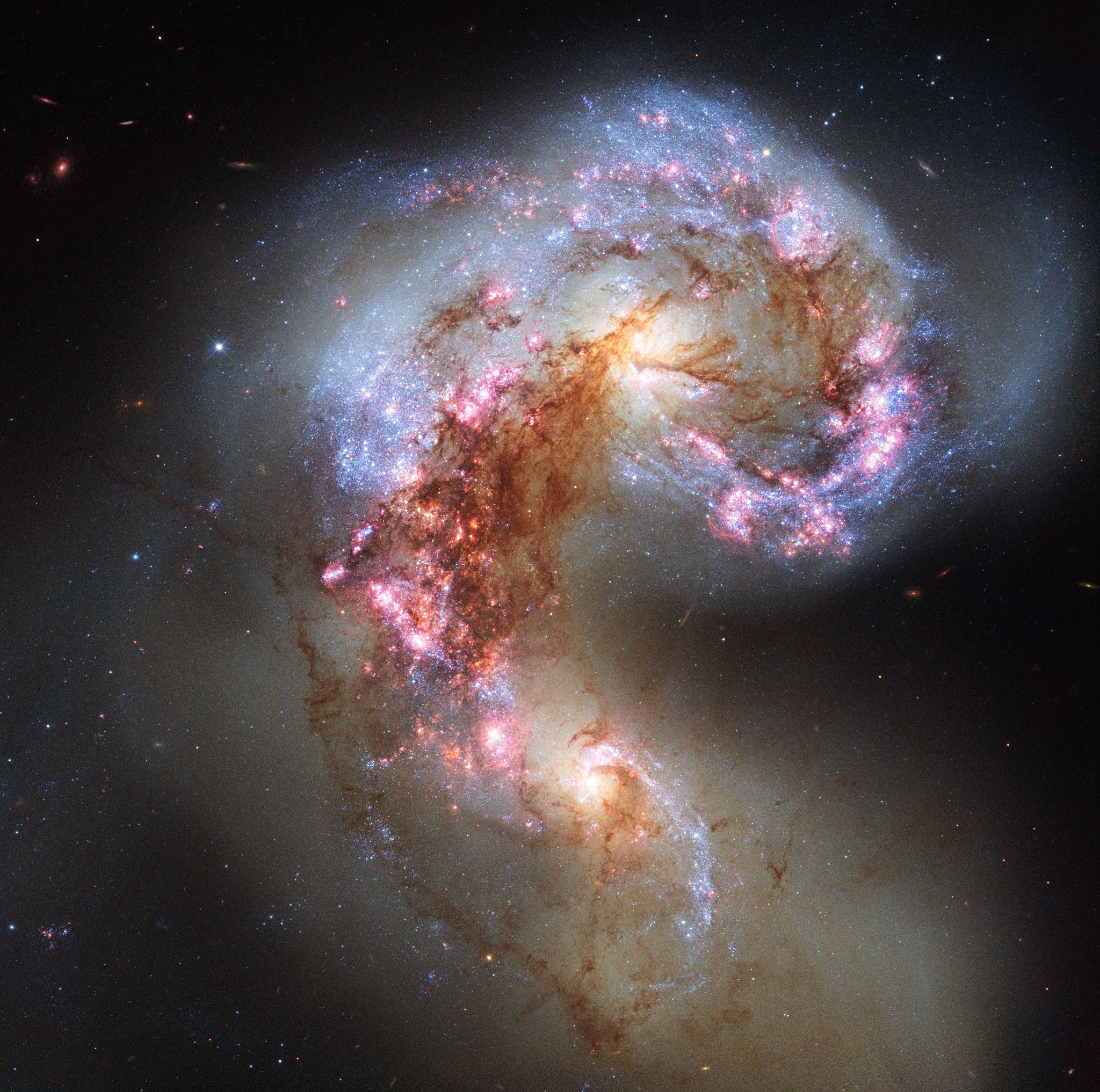 Sixty million light-years away toward the southerly constellation Corvus, these two large galaxies are colliding. The cosmic train wreck captured in stunning detail in this Hubble Space Telescope snapshot takes hundreds of millions of years to play out. Cataloged as NGC 4038 and NGC 4039, the galaxies' individual stars don't often collide though. Their large clouds of molecular gas and dust do, triggering furious episodes of star formation near the center of the wreckage. New star clusters and interstellar matter are jumbled and flung far from the scene of the accident by gravitational forces. This Hubble close-up frame is about 50,000 light-years across at the estimated distance of the colliding galaxies. In wider-field views their suggestive visual appearance, with extended structures arcing for hundreds of thousands of light-years, gives the galaxy pair its popular name, The Antennae Galaxies.