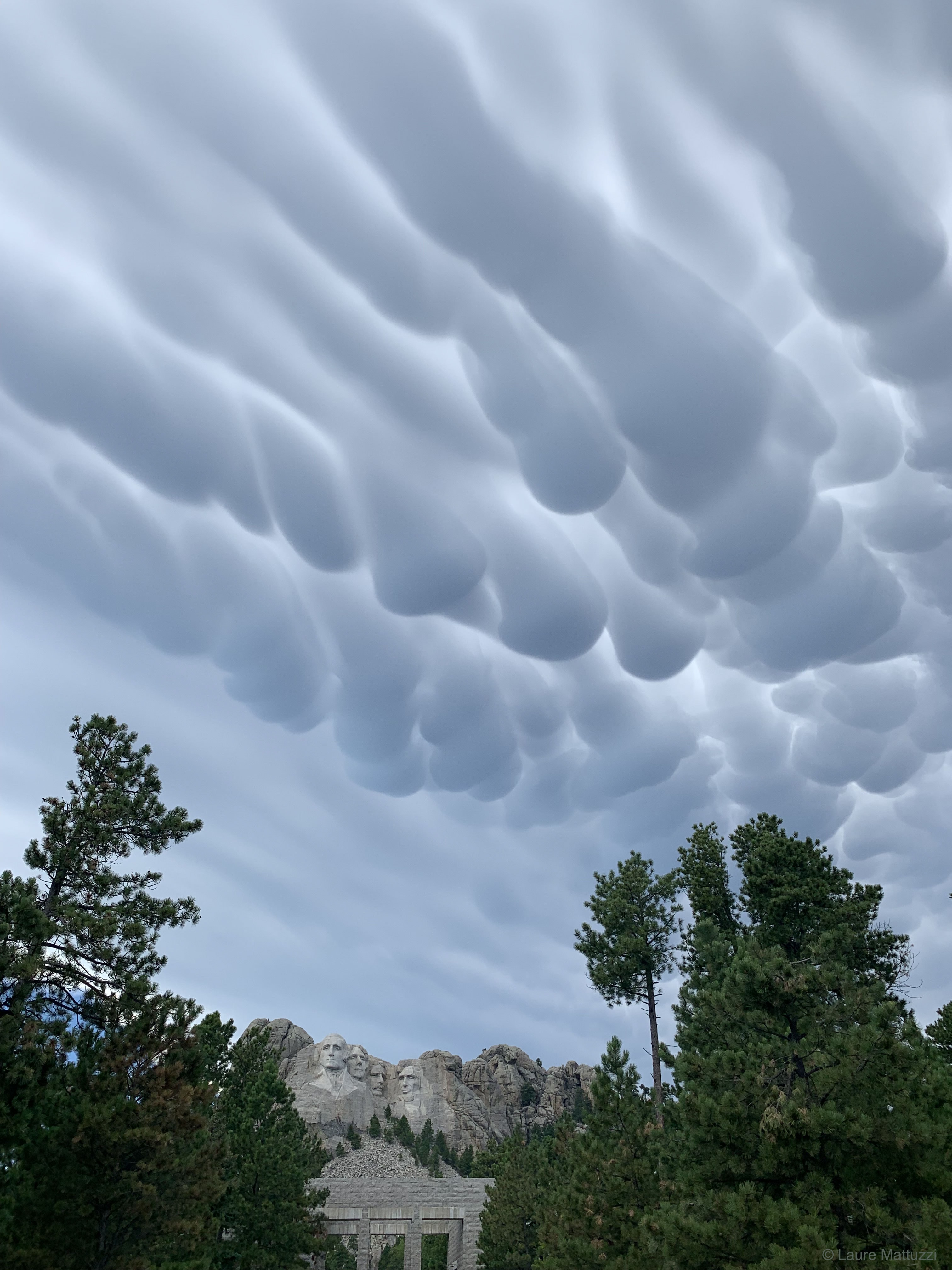 What's that below those strange clouds? Presidents. If you look closely, you may recognize the heads of four former US Presidents carved into famous Mount Rushmore in South Dakota, USA.  More obvious in the featured image are the unusual mammatus clouds that passed briefly overhead. Both were captured together by a surprised tourist with a quick camera in early September. Unlike normal flat-bottomed clouds which form when moist and calm air plateaus rise and cool, bumpy mammatus clouds form as icy and turbulent air pockets sink and heat up.  Such turbulent air is frequently accompanied by a thunderstorm.  Each mammatus lobe spans about one kilometer. The greater mountain is known to native Lakota Sioux as Six Grandfathers, deities responsible for the directions north, south, east, west, up, and down.