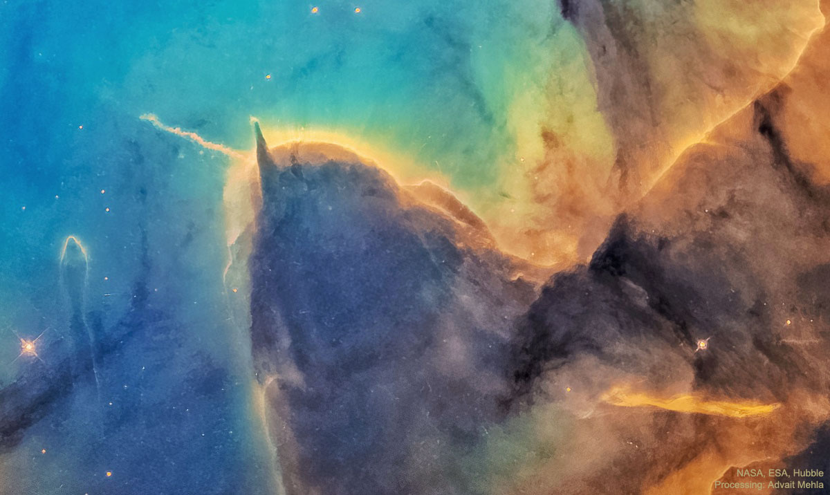 Dust pillars are like interstellar mountains.  They survive because they are more dense than their surroundings, but they are being slowly eroded away by a hostile environment.  Visible in the featured picture is the end of a huge gas and dust pillar in the Trifid Nebula (M20), punctuated by a smaller pillar pointing up and an unusual jet pointing to the left.  Many of the dots are newly formed low-mass stars. A star near the small pillar's end is slowly being stripped of its accreting gas by radiation from a tremendously brighter star situated off the top of the image.  The jet extends nearly a light-year and would not be visible without external illumination.  As gas and dust evaporate from the pillars, the hidden stellar source of this jet will likely be uncovered, possibly over the next 20,000 years.   Growing Gallery: Notable images of the Great Conjunction submitted to APOD