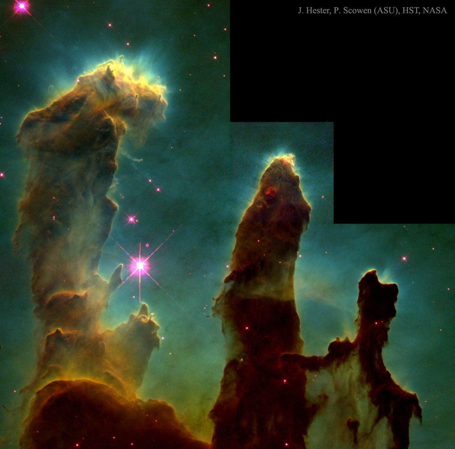 These dark pillars may look destructive, but they are creating stars.  This pillar-capturing image of the inside of the Eagle Nebula, taken with the Hubble Space Telescope in 1995, shows evaporating gaseous globules (EGGs) emerging from pillars of molecular hydrogen gas and dust.  The giant pillars are light years in length and are so dense that interior gas contracts gravitationally to form stars.  At each pillars' end, the intense radiation of bright young stars causes low density material to boil away, leaving stellar nurseries of dense EGGs exposed.  The Eagle Nebula, associated with the open star cluster M16, lies about 7000 light years away.  The pillars of creation have been imaged more recently in infrared light by Hubble, NASA's Spitzer Space Telescope, and ESA's Herschel Space Observatory -- showing new detail.   Be Honest: Have you seen this image before?
