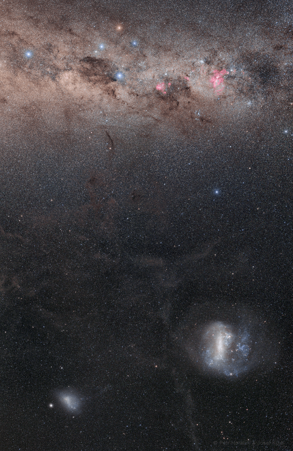 The South Celestial Pole is easy to spot in star trail images of the southern sky. The extension of Earth's axis of rotation to the south, it's at the center of all the southern star trail arcs. In this starry panorama streching about 60 degrees across deep southern skies the South Celestial Pole is somewhere near the middle though, flanked by bright galaxies and southern celestial gems. Across the top of the frame are the stars and nebulae along the plane of our own Milky Way Galaxy. Gamma Crucis, a yellowish giant star heads the Southern Cross near top center, with the dark expanse of the Coalsack nebula tucked under the cross arm on the left. Eta Carinae and the reddish glow of the Great Carina Nebula shine along the galactic plane near the right edge. At the bottom are the Large and Small Magellanic clouds, external galaxies in their own right and satellites of the mighty Milky Way. A line from Gamma Crucis through the blue star at the bottom of the southern cross, Alpha Crucis, points toward the South Celestial Pole, but where exactly is it? Just look for south pole star Sigma Octantis. Analog to Polaris the north pole star, Sigma Octantis is little over one degree fom the the South Celestial pole.