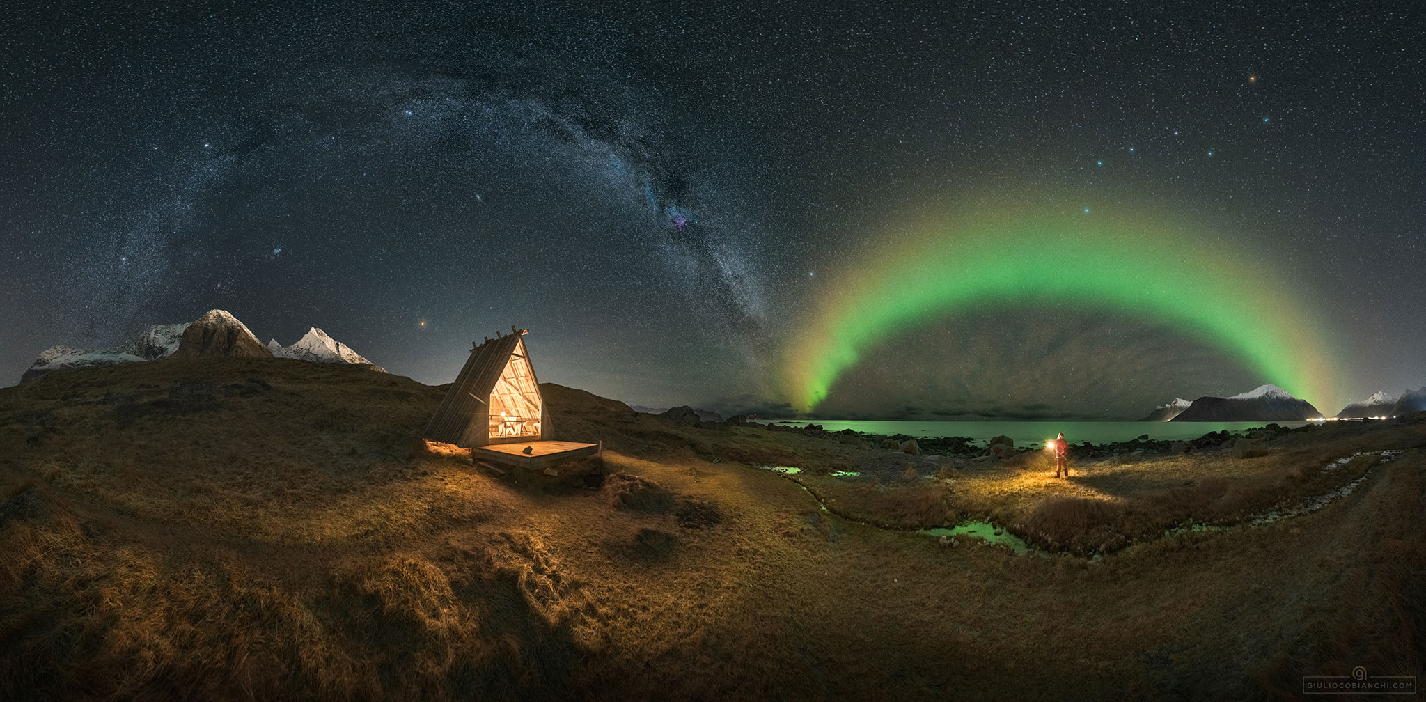 What are these two giant arches across the sky? Perhaps the more familiar one, on the left, is the central band of our Milky Way Galaxy. This grand disk of stars and nebulas here appears to encircle much of the southern sky. Visible below the stellar arch is the rusty-orange planet Mars and the extended Andromeda galaxy. For a few minutes during this cold arctic night, a second giant arch appeared to the right, encircling part of the northern sky: an aurora. Auroras are much closer than stars as they are composed of glowing air high in Earth's atmosphere.  Visible outside the green auroral arch is the group of stars popularly known as the Big Dipper.  The featured digital composite of 18 images was captured in mid-December over the Lofoten Islands in Norway.    APOD Year in Review (2020): RJN's Night Sky Network Lecture