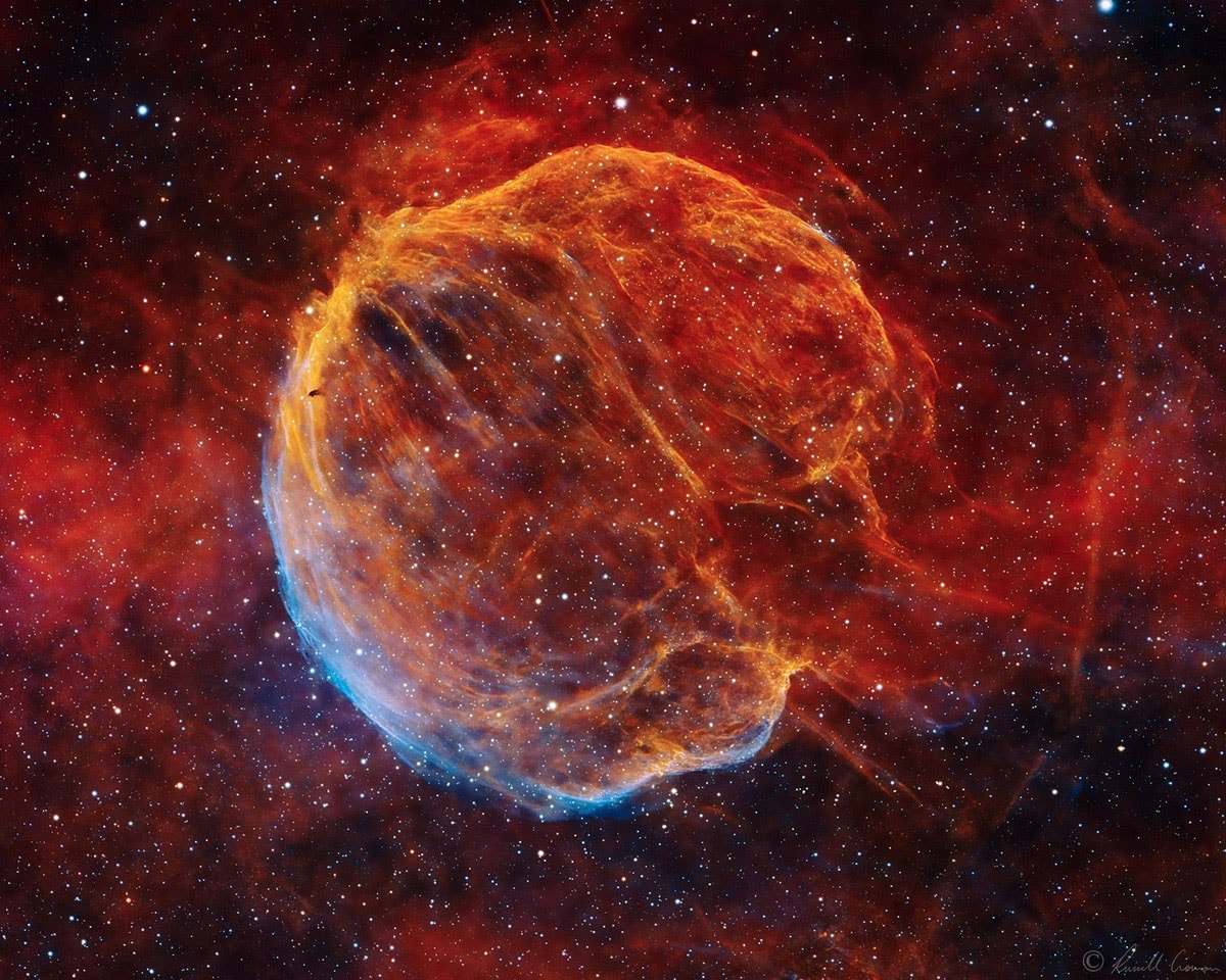 What powers this unusual nebula? CTB-1 is the expanding gas shell that was left when a massive star toward the constellation of Cassiopeia exploded about 10,000 years ago. The star likely detonated when it ran out of elements, near its core, that could create stabilizing pressure with nuclear fusion. The resulting supernova remnant, nicknamed the Medulla Nebula for its brain-like shape, still glows in visible light by the heat generated by its collision with confining interstellar gas.  Why the nebula also glows in X-ray light, though, remains a mystery. One hypothesis holds that an energetic pulsar was co-created that powers the nebula with a fast outwardly moving wind. Following this lead, a pulsar has recently been found in radio waves that appears to have been expelled by the supernova explosion at over 1000 kilometers per second.  Although the Medulla Nebula appears as large as a full moon, it is so faint that it took 130-hours of exposure with two small telescopes in New Mexico, USA, to create the featured image.