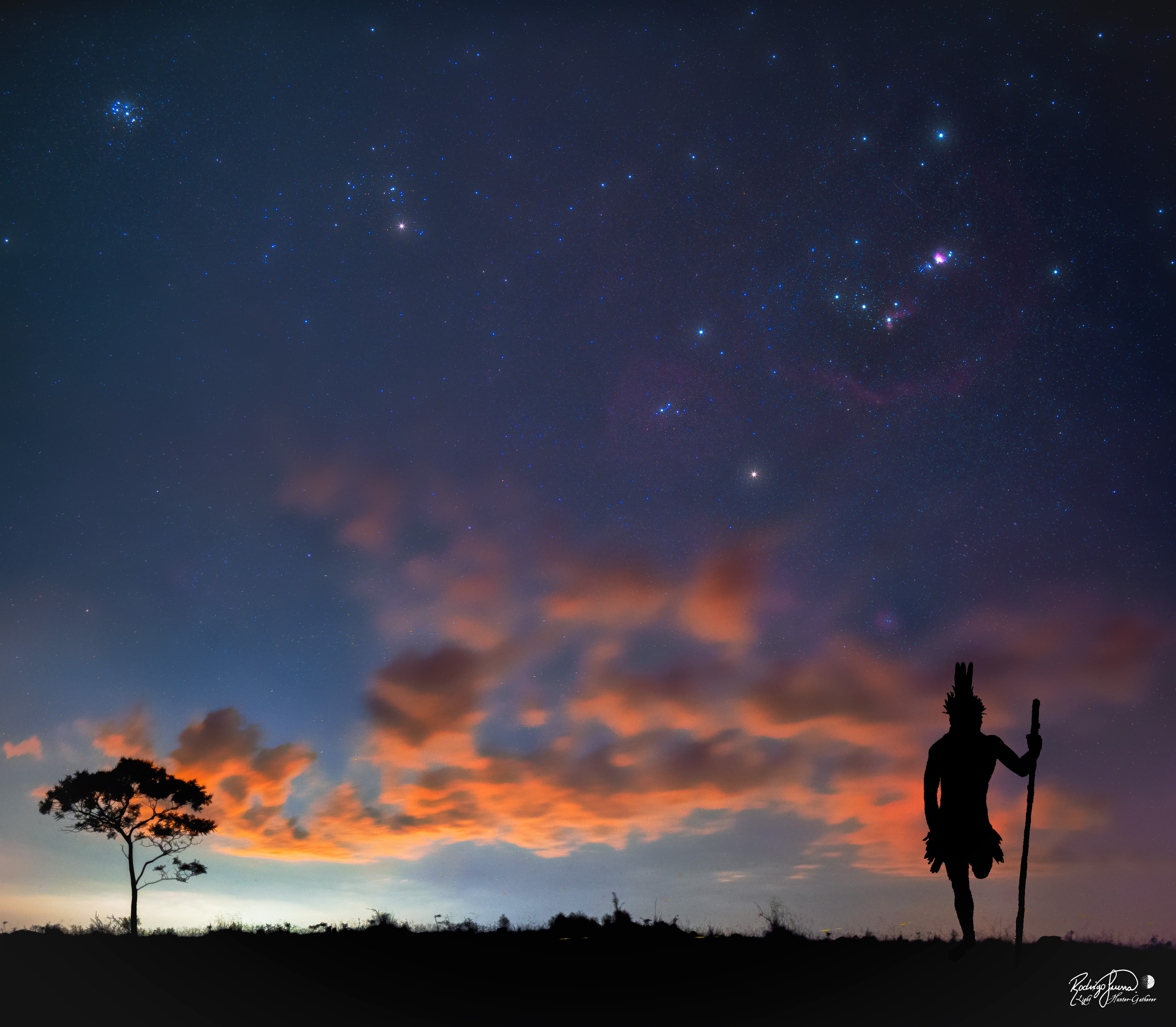 The night sky is filled with stories. Cultures throughout history have projected some of their most enduring legends onto the stars above. Generations of people see these stellar constellations, hear the associated stories, and pass them down. Featured here is the perhaps unfamiliar constellation of the Old Man, long recognized by the Tupi peoples native to regions of South America now known as Brazil.  The Old Man, in more modern vernacular, may be composed of the Hyades star cluster as his head and the belt of Orion as part of one leg.  Tupi folklore relates that the other leg was cut off by his unhappy wife, causing it to end at the orange star now known as Betelgeuse. The Pleiades star cluster, on the far left, can be interpreted as a head feather. In the featured image, the hobbled Old Man is mirrored by a person posing in the foreground.  Folklore of the night sky is important for many reasons, including that it records cultural heritage and documents the universality of human intelligence and imagination.    APOD in world languages: Arabic, Catalan, Chinese (Beijing), Chinese (Taiwan), Croatian, Czech, Dutch, Farsi, French, German, Hebrew, Indonesian, Japanese, Korean, Montenegrin, Polish, Russian, Serbian, Slovenian,  Spanish, Taiwanese, Turkish, Turkish, and  Ukrainian  APOD online webinar January 12: Free registration, hosted by Amateur Astronomers Association of New York.