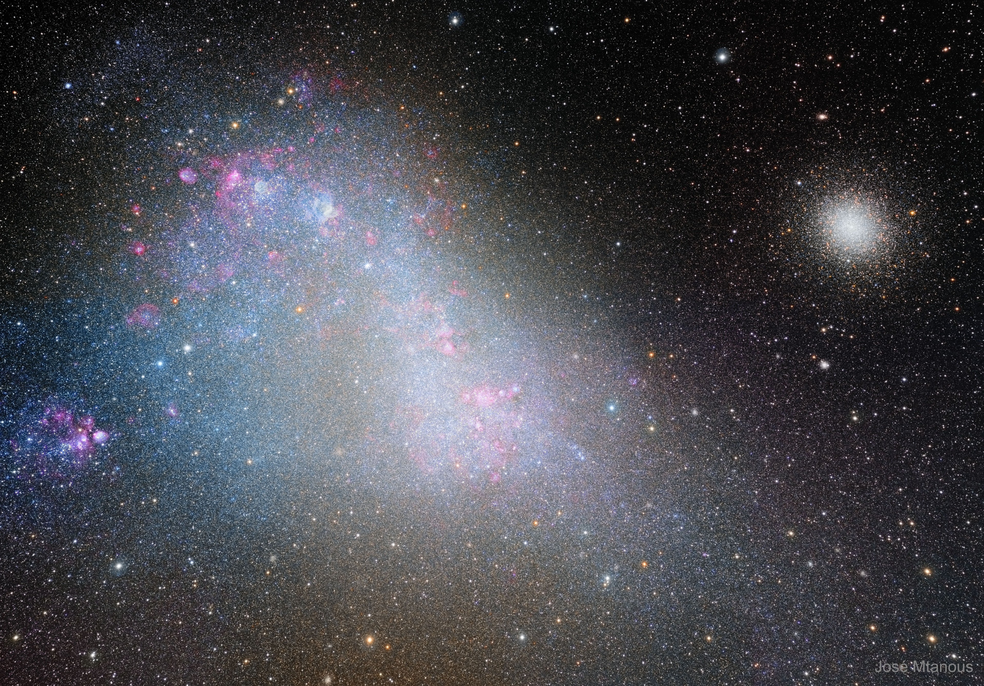 What is the Small Magellanic Cloud? It has turned out to be a galaxy.  People who have wondered about this little fuzzy patch in the southern sky included Portuguese navigator Ferdinand Magellan and his crew, who had plenty of time to study the unfamiliar night sky of the south during the first circumnavigation of planet Earth in the early 1500s. As a result, two celestial wonders easily visible for southern hemisphere skygazers are now known in Western culture as the Clouds of Magellan. Within the past 100 years, research has shown that these cosmic clouds are dwarf irregular galaxies, satellites of our larger spiral Milky Way Galaxy. The Small Magellanic Cloud actually spans 15,000 light-years or so and contains several hundred million stars. About 210,000 light-years away in the constellation of the Tucan (Tucana), it is more distant than other known Milky Way satellite galaxies, including the Sagittarius Dwarf galaxy and the Large Magellanic Cloud. This sharp image also includes the foreground globular star cluster 47 Tucanae on the right.
