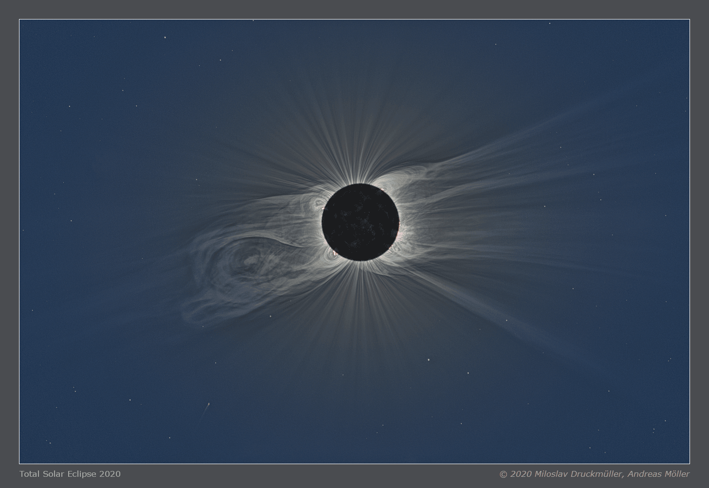 Along a narrow path crossing southern South America through Chile and Argentina, the final New Moon of 2020 moved in front of the Sun on December 14 in the year's only total solar eclipse. Within about 2 days of perigee, the closest point in its elliptical orbit, the New Moon's surface is faintly lit by earthshine in this dramatic composite view. The image is a processed composite of 55 calibrated exposures ranging from 1/640 to 3 seconds. Covering a large range in brightness during totality, it reveals the dim lunar surface and faint background stars, along with planet-sized prominences at the Sun's edge, an enormous coronal mass ejection, and sweeping coronal structures normally hidden in the Sun's glare. Look closely for an ill-fated sungrazing Kreutz family comet (C/2020 X3 SOHO) approaching from the lower left, at about the 7 o'clock position. In 2021 eclipse chasers will see an annular solar eclipse coming up on June 10. They'll have to wait until December 4 for the only total solar eclipse in 2021 though. That eclipse will be total along a narrow path crossing the southernmost continent of Antarctica.