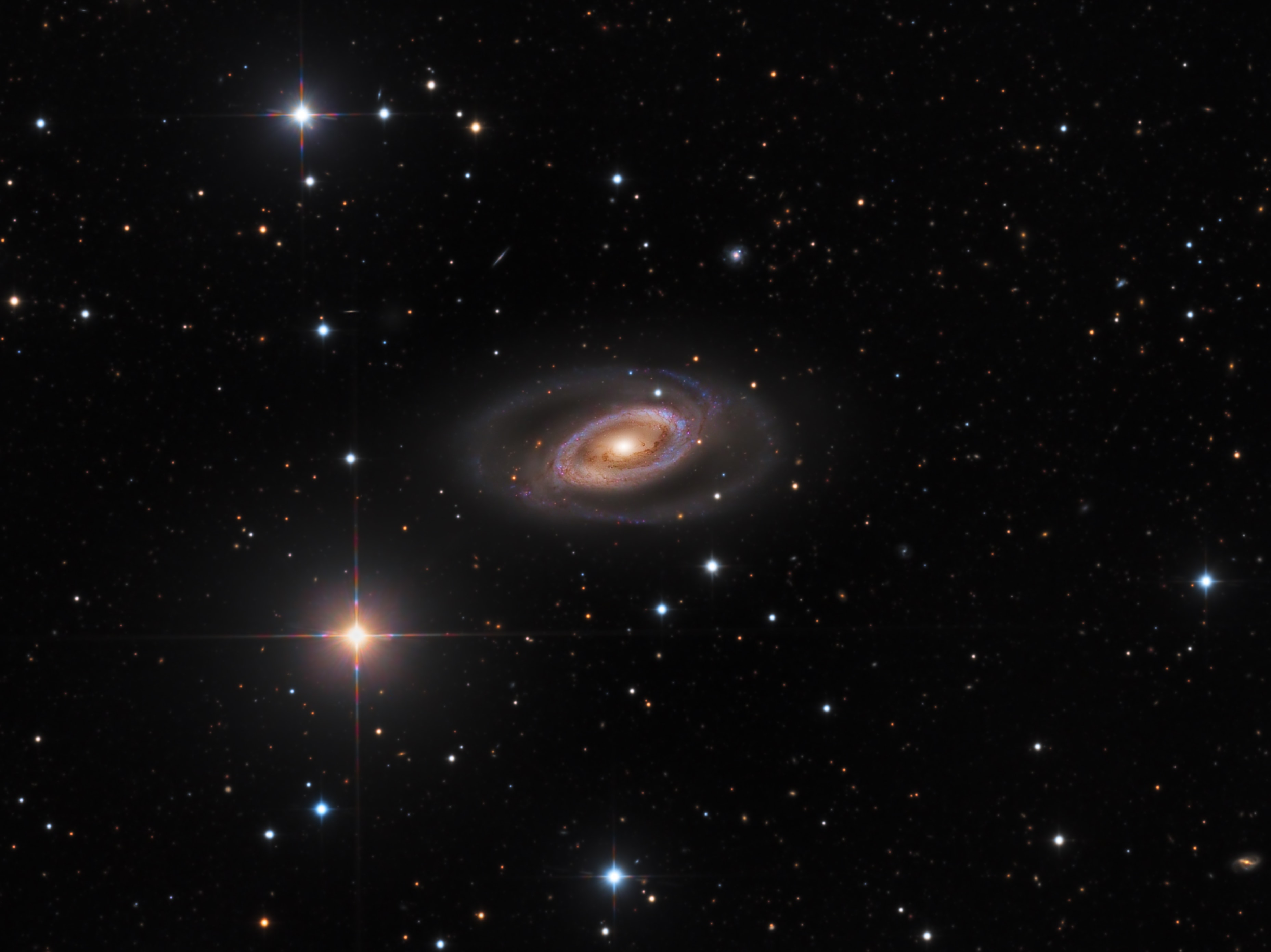 This gorgeous island universe lies about 85 million light-years distant in the southern constellation Fornax. Inhabited by young blue star clusters, the tightly wound spiral arms of NGC 1350 seem to join in a circle around the galaxy's large, bright nucleus, giving it the appearance of a cosmic eye. In fact, NGC 1350 is about 130,000 light-years across. That makes it as large or slightly larger than the Milky Way. For earth-based astronomers, NGC 1350 is seen on the outskirts of the Fornax cluster of galaxies, but its estimated distance suggests that it is not itself a cluster member. Of course, the bright spiky stars in the foreground of this telescopic field of view are members of our own spiral Milky Way galaxy.