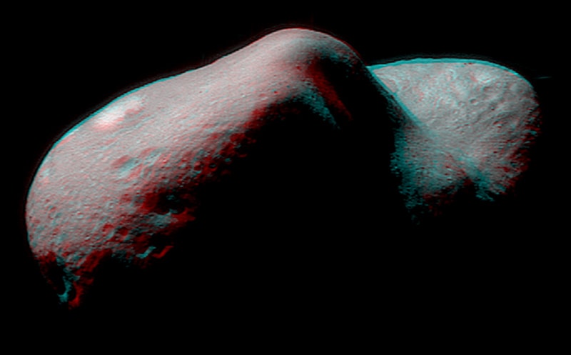 Get out your red/blue glasses and float next to asteroid 433 Eros. Orbiting the Sun once every 1.8 years, the near-Earth asteroid is named for the Greek god of love. Still, its shape more closely resembles a lumpy potato than a heart. Eros is a diminutive 40 x 14 x 14 kilometer world of undulating horizons, craters, boulders and valleys. Its unsettling scale and unromantic shape are emphasized in this mosaic of images from the NEAR Shoemaker spacecraft processed to yield a stereo anaglyphic view.  Along with dramatic chiaroscuro, NEAR Shoemaker's 3-D imaging provided important measurements of the asteroid's landforms and structures, and clues to the origin of this city-sized chunk of Solar System. The smallest features visible here are about 30 meters across. Beginning on February 14, 2000, historic NEAR Shoemaker spent a year in orbit around Eros, the first spacecraft to orbit an asteroid. Twenty years ago, on February 12 2001, it landed on Eros, the first ever landing on an asteroid's surface. NEAR Shoemaker's final transmission from the surface of Eros was on February 28, 2001.
