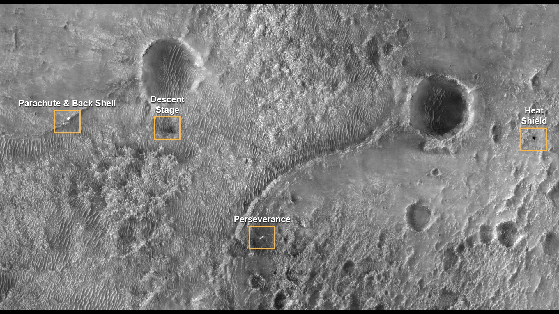 Seen from orbit a day after a dramatic arrival on the martian surface, the Perseverance landing site is identified in this high-resolution view from the Mars Reconnaissance Orbiter. The orbiter's camera image also reveals the location of the Mars 2020 mission descent stage, heat shield, and parachute and back shell that delivered Perseverance to the surface of Mars.  Each annotated inset box spans 200 meters (650 feet) across the floor of Jezero Crater. Perseverance is located at the center of the pattern created by rocket exhaust as the descent stage hovered and lowered the rover to the surface. Following the sky crane maneuver, the descent stage itself flew away to crash at a safe distance from the rover, its final resting place indicated by a dark V-shaped debris pattern. Falling to the surface nearby after their separation in the landing sequence, heat shield, parachute and back shell locations are marked in the high-resolution image from Mars orbit.