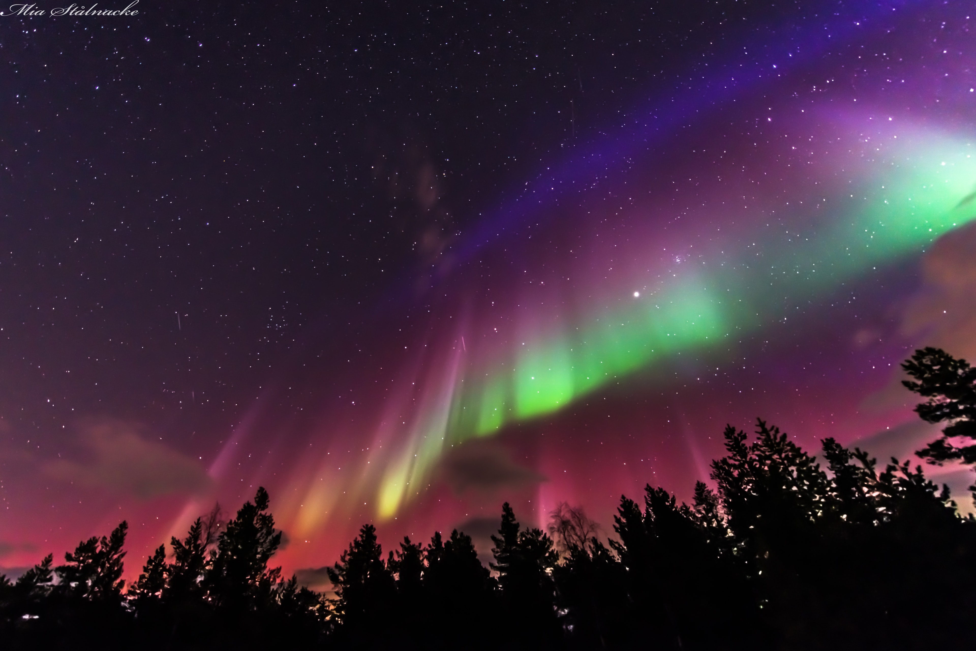 It appeared, momentarily, like a 50-km tall banded flag.  In mid-March of 2015, an energetic Coronal Mass Ejection directed toward a clear magnetic channel to Earth led to one of the more intense geomagnetic storms of recent years. A visual result was wide spread auroras being seen over many countries near Earth's magnetic poles.  Captured over Kiruna, Sweden, the image features an unusually straight auroral curtain with the green color emitted low in the Earth's atmosphere, and red many kilometers higher up. It is unclear where the rare purple aurora originates, but it might involve an unusual blue aurora at an even lower altitude than the green, seen superposed with a much higher red.  Now past Solar Minimum, colorful nights of auroras over Earth are likely to increase.   Follow APOD: Through the Free NASA App