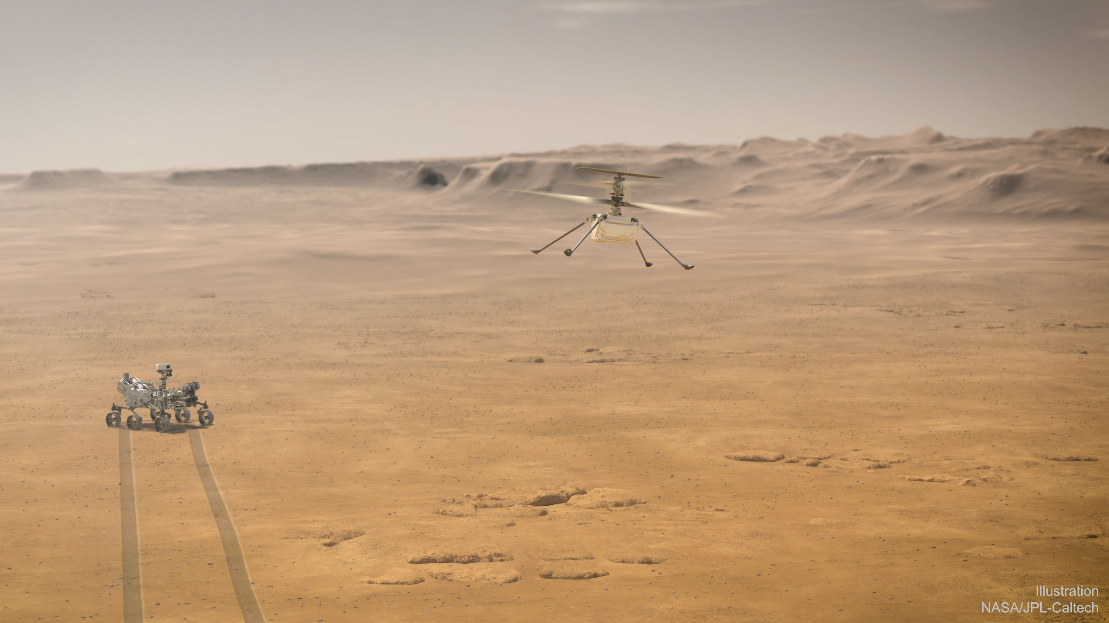What if you could fly around Mars?  NASA may have achieved that capability last month with the landing of Perseverance, a rover which included a small flight-worthy companion called Ingenuity, nicknamed Ginny. Even though Ginny is small -- a toaster-sized helicopter with four long legs and two even-longer (1.2-meter) rotors, she is the first of her kind -- there has never been anything like her before.  After being deployed, possibly in April, the car-sized Perseverance ("Percy") will back away to give Ginny ample room to attempt her unprecedented first flight.  In the featured artistic illustration, Ginny's long rotors are depicted giving her the lift she needs to fly into the thin Martian atmosphere and explore the area near Perseverance.  Although Ingenuity herself will not fly very far, she is a prototype for all future airborne Solar-System robots that may fly far across not only Mars, but Titan.