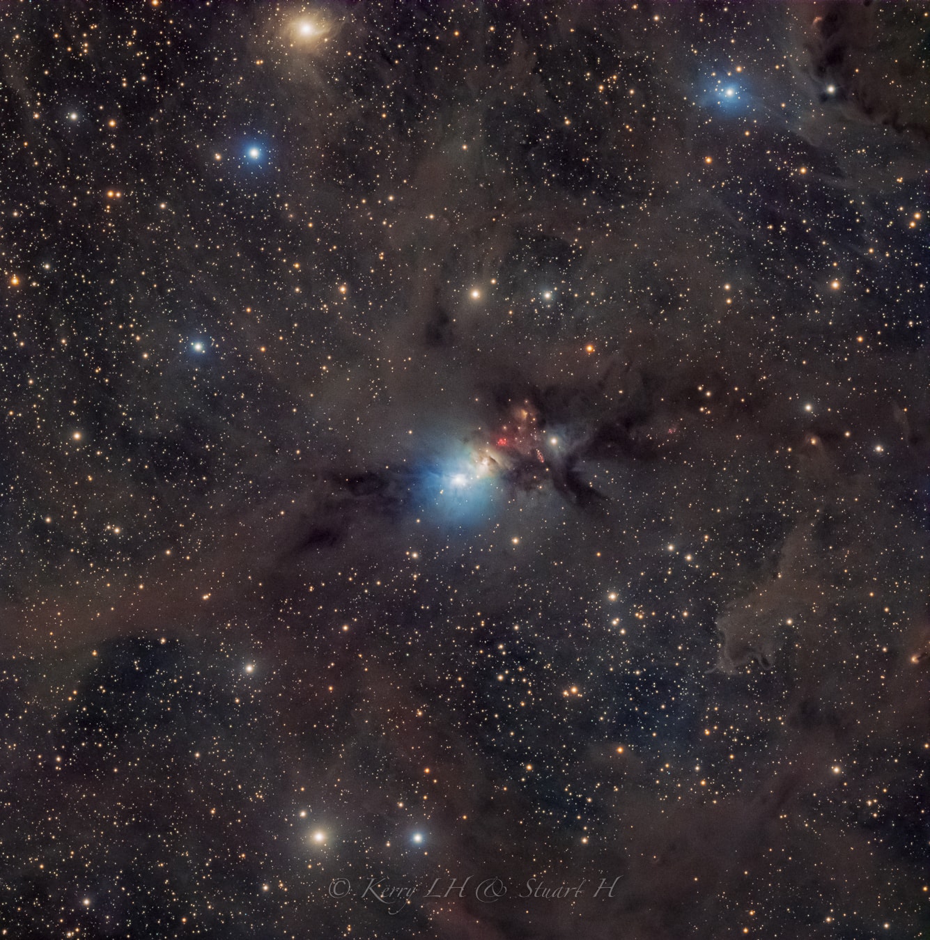 Clouds of stardust drift through this deep skyscape, across the Perseus molecular cloud some 850 light-years away. Dusty nebulae reflecting light from embedded young stars stand out in the nearly 2 degree wide telescopic field of view. With a characteristic bluish color reflection nebula NGC 1333 is at center, vdB 13 at top right, with rare yellowish reflection nebula vdB 12 near the top of the frame. Stars are forming in the molecular cloud, though most are obscured at visible wavelengths by the pervasive dust. Still, hints of contrasting red emission from Herbig-Haro objects, the jets and shocked glowing gas emanating from recently formed stars, are evident in NGC 1333. The chaotic environment may be similar to one in which our own Sun formed over 4.5 billion years ago. At the estimated distance of the Perseus molecular cloud, this cosmic scene would span about 40 light-years.