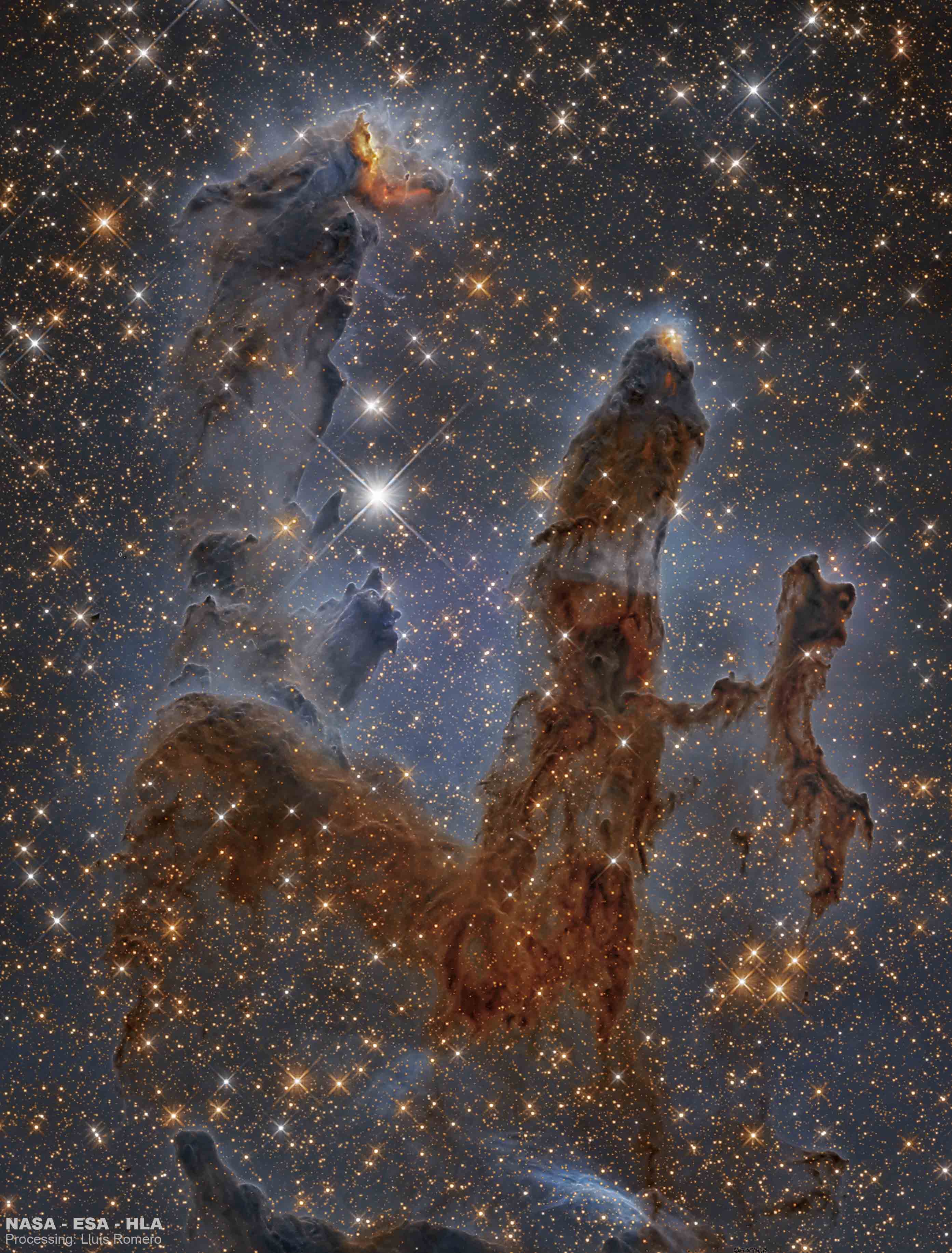 Newborn stars are forming in the Eagle Nebula.  Gravitationally contracting in pillars of dense gas and dust, the intense radiation of these newly-formed bright stars is causing surrounding material to boil away. This image, taken with the Hubble Space Telescope in near infrared light, allows the viewer to see through much of the thick dust that makes the pillars opaque in visible light.  The giant structures are light years in length and dubbed informally the Pillars of Creation.  Associated with the open star cluster M16, the Eagle Nebula lies about 6,500 light years away.  The Eagle Nebula is an easy target for small telescopes in a nebula-rich part of the sky toward the split constellation Serpens Cauda (the tail of the snake).