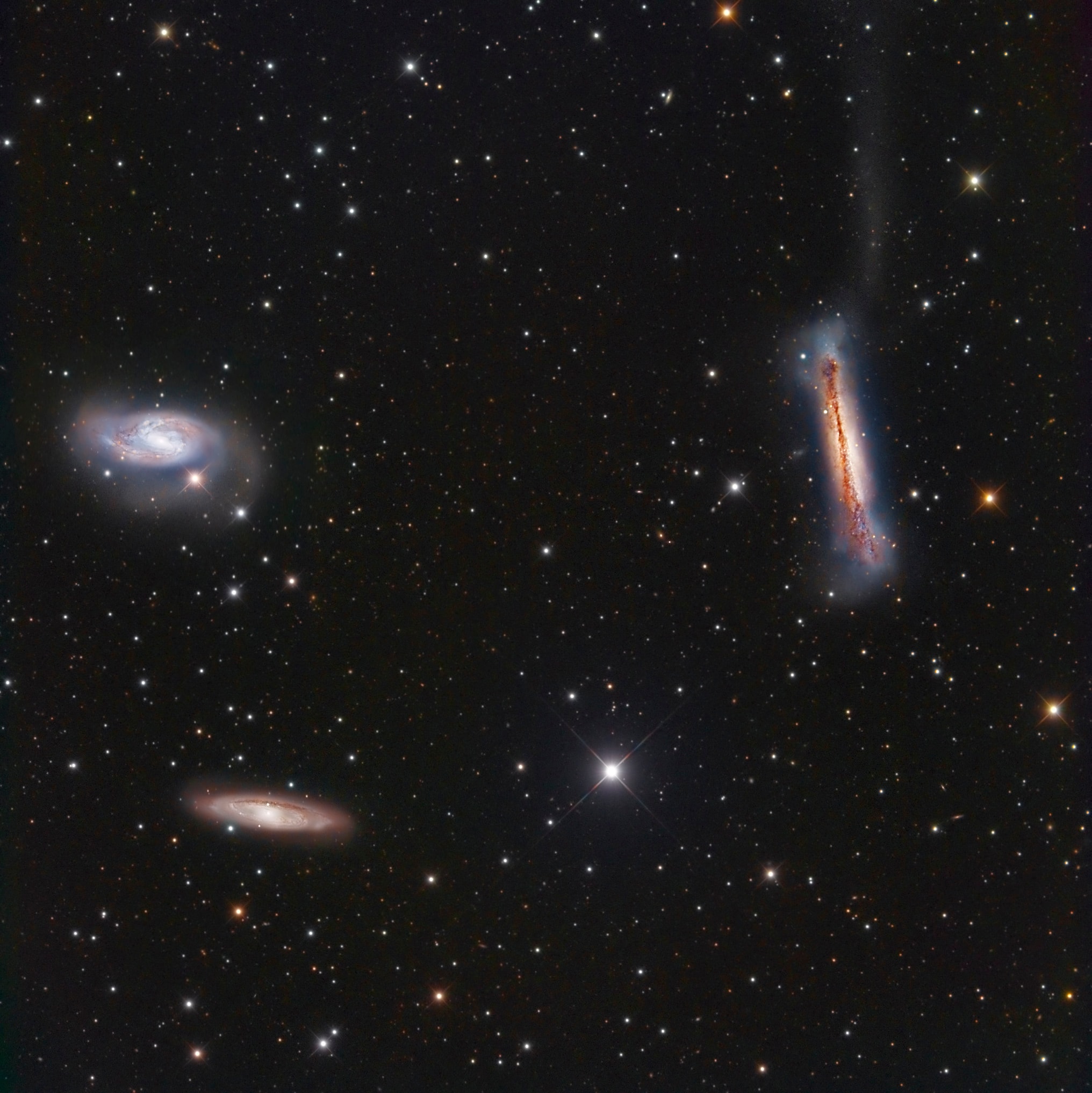 This popular group leaps into the early evening sky around the March equinox and the northern hemisphere spring. Famous as the Leo Triplet, the three magnificent galaxies found in the prominent constellation Leo gather here in one astronomical field of view. Crowd pleasers when imaged with even modest telescopes, they can be introduced individually as NGC 3628 (right), M66 (upper left), and M65 (bottom). All three are large spiral galaxies but tend to look dissimilar, because their galactic disks are tilted at different angles to our line of sight. NGC 3628, also known as the Hamburger Galaxy, is temptingly seen edge-on, with obscuring dust lanes cutting across its puffy galactic plane. The disks of M66 and M65 are both inclined enough to show off their spiral structure.  Gravitational interactions between galaxies in the group have left telltale signs, including the tidal tails and warped, inflated disk of NGC 3628 and the drawn out spiral arms of M66. This gorgeous view of the region spans over 1 degree (two full moons) on the sky in a frame that covers over half a million light-years at the trio's estimated distance of 30 million light-years. Of course the spiky foreground stars lie well within our own Milky Way.