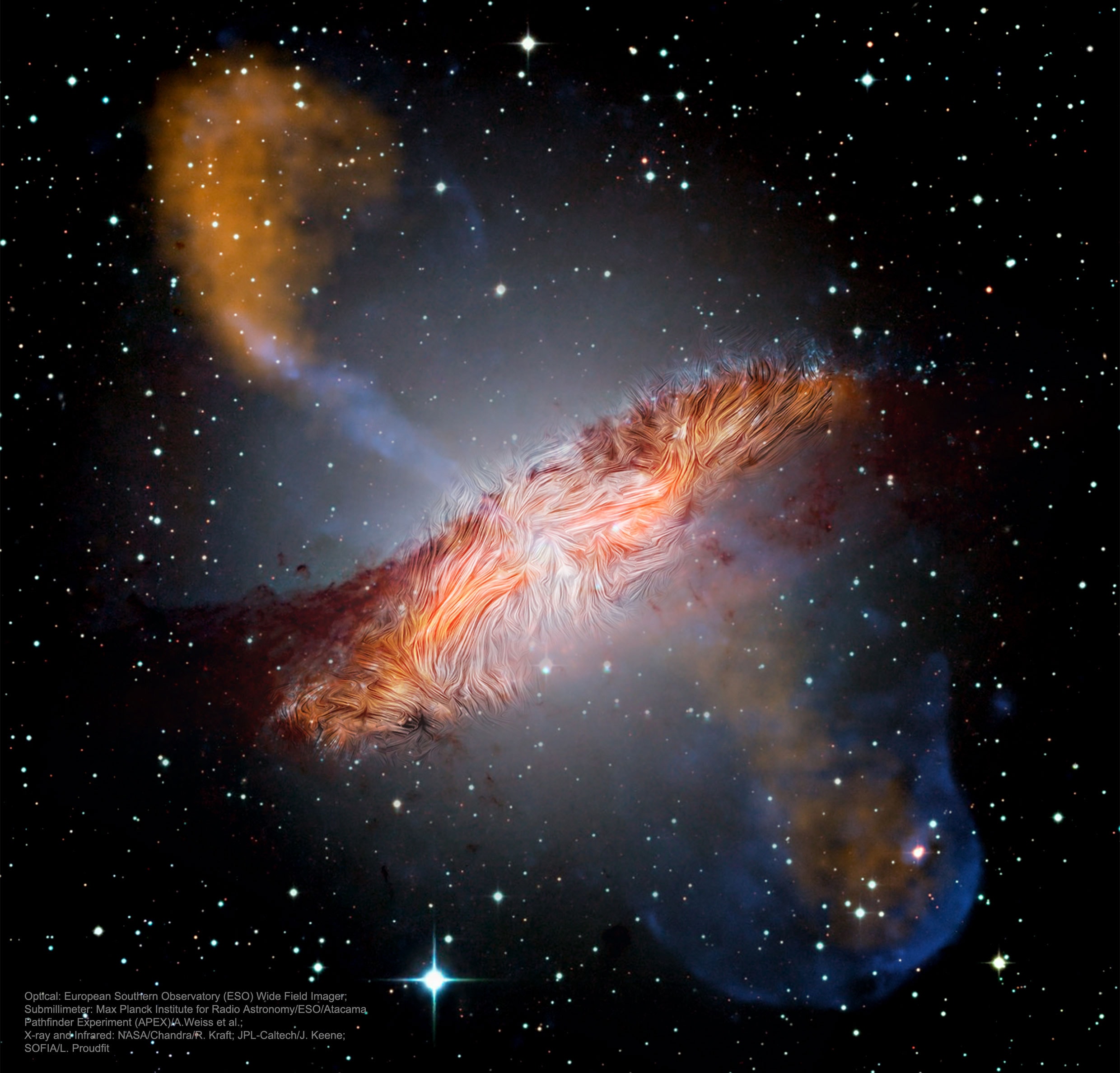 When galaxies collide -- what happens to their magnetic fields? To help find out, NASA pointed SOFIA, its flying 747, at galactic neighbor Centaurus A to observe the emission of polarized dust -- which traces magnetic fields.  Cen A's unusual shape results from the clash of two galaxies with jets powered by gas accreting onto a central supermassive black hole.  In the resulting featured image, SOFIA-derived magnetic streamlines are superposed on ESO (visible: white), APEX (submillimeter: orange), Chandra (X-rays: blue), and Spitzer (infrared: red) images. The magnetic fields were found to be parallel to the dust lanes on the outskirts of the galaxy but distorted near the center.  Gravitational forces near the black hole accelerate ions and enhance the magnetic field.  In sum, the collision not only combined the galaxies’ masses -- but amplified their magnetic fields.  These results provide new insights into how magnetic fields evolved in the early universe when mergers were more common.