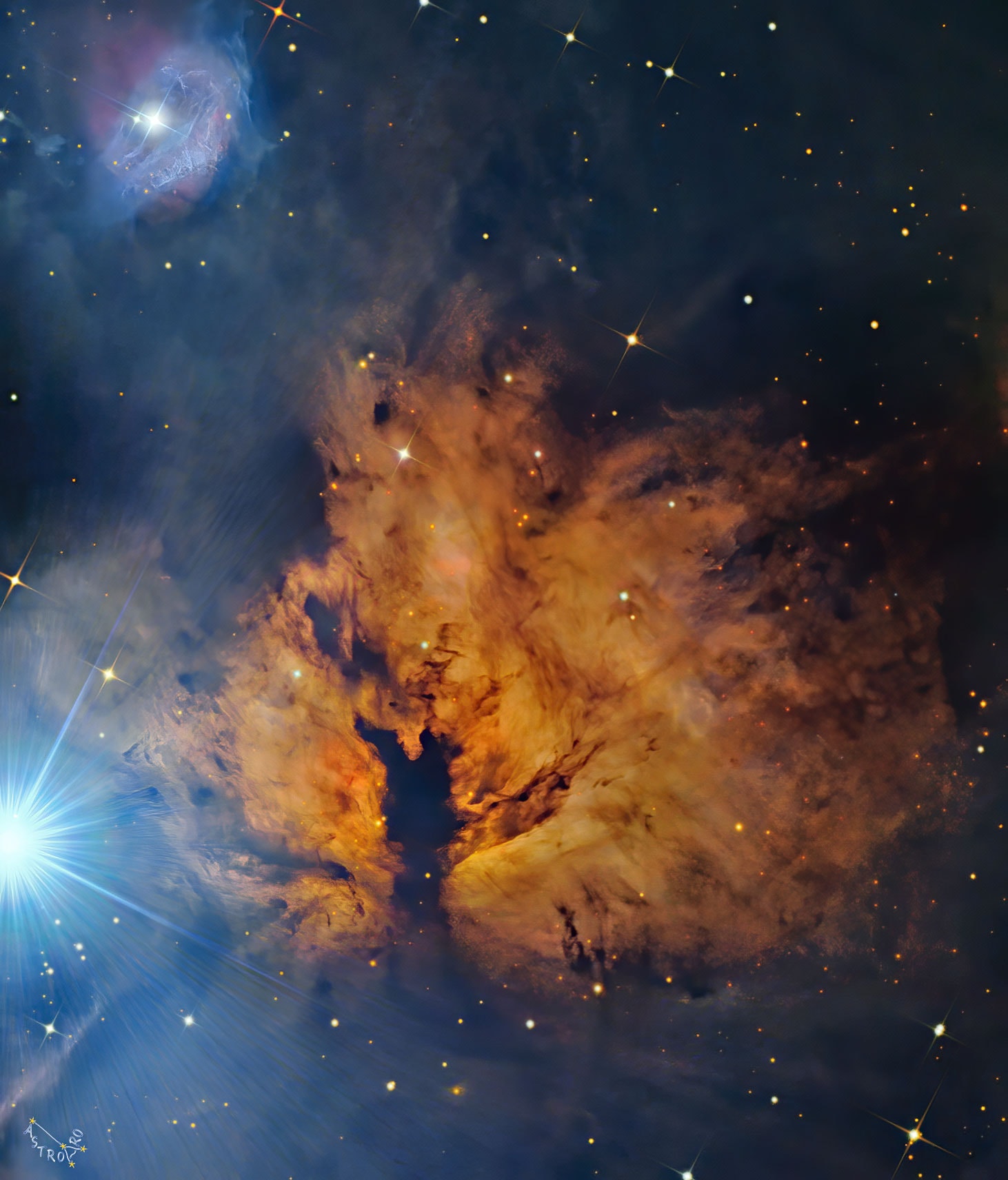 What lights up the Flame Nebula?  Fifteen hundred light years away towards the constellation of Orion lies a nebula which, from its glow and dark dust lanes, appears, on the left, like a billowing fire.  But fire, the rapid acquisition of oxygen, is not what makes this Flame glow.  Rather the bright star Alnitak, the easternmost star in the Belt of Orion visible on the far left, shines energetic light into the Flame that knocks electrons away from the great clouds of hydrogen gas that reside there.  Much of the glow results when the electrons and ionized hydrogen recombine.  The featured picture of the Flame Nebula (NGC 2024) was taken across three visible color bands with detail added by a long duration exposure taken in light emitted only by hydrogen.  The Flame Nebula is part of the Orion Molecular Cloud Complex, a star-forming region that includes the famous Horsehead Nebula.