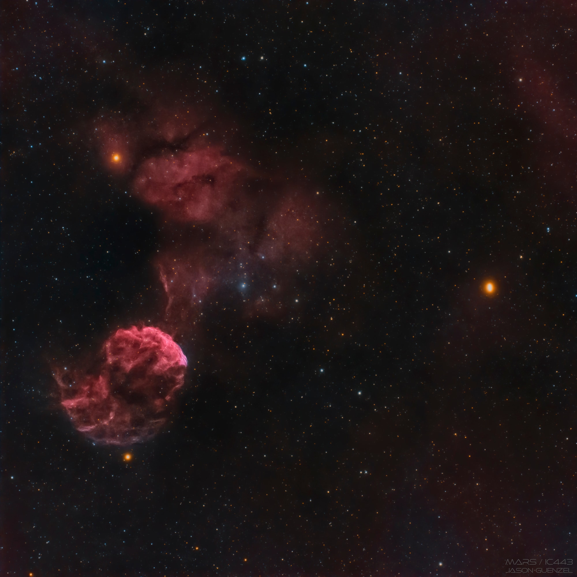Normally faint and elusive, the Jellyfish Nebula is caught in this alluring scene. In the telescopic field of view two bright yellowish stars, Mu and Eta Geminorum, stand just below and above the Jellyfish Nebula at the left. Cool red giants, they lie at the foot of the celestial twin. The Jellyfish Nebula itself floats below and left of center, a bright arcing ridge of emission with dangling tentacles. In fact, the cosmic jellyfish is part of bubble-shaped supernova remnant IC 443, the expanding debris cloud from a massive star that exploded. Light from that explosion first reached planet Earth over 30,000 years ago. Like its cousin in astrophysical waters the Crab Nebula supernova remnant, the Jellyfish Nebula is known to harbor a neutron star, the remnant of the collapsed stellar core. Composed on April 30, this telescopic snapshot also captures Mars. Now wandering through early evening skies, the Red Planet also shines with a yellowish glow on the right hand side of the field of view. Of course, the Jellyfish Nebula is about 5,000 light-years away, while Mars is currently almost 18 light-minutes from Earth.
