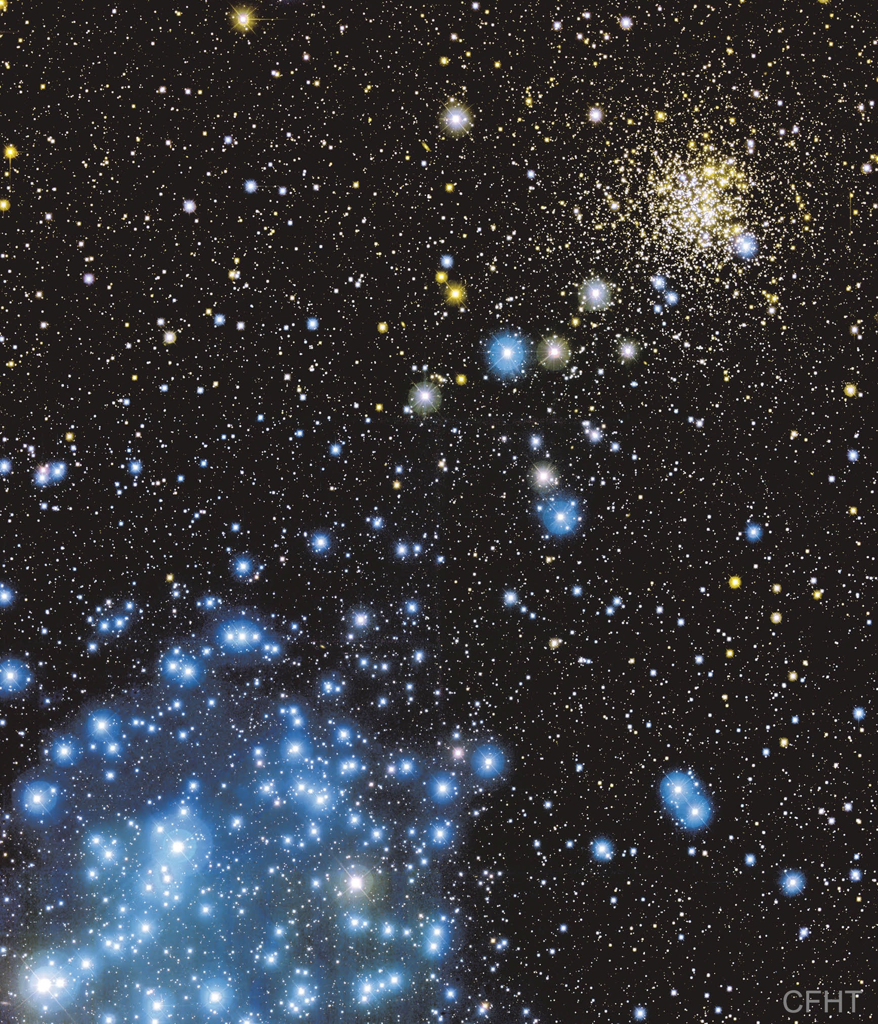 Clusters of stars can be near or far, young or old, diffuse or compact.  The featured image shows two quite contrasting open star clusters in the same field. M35, on the lower left, is relatively nearby at 2800 light years distant, relatively young at 150 million years old, and relatively diffuse, with about 2500 stars spread out over a volume 30 light years across.  Bright blue stars frequently distinguish younger open clusters like M35. Contrastingly, NGC 2158, on the upper right, is four times more distant than M35, over 10 times older, and much more compact.  NGC 2158's bright blue stars have self-destructed, leaving cluster light to be dominated by older and yellower stars.  In general, open star clusters are found in the plane of our Milky Way Galaxy, and contain anywhere from 100 to 10,000 stars -- all of which formed at nearly the same time.  Both open clusters M35 and NGC 2158 can be found together with a small telescope toward the constellation of the Twins (Gemini).