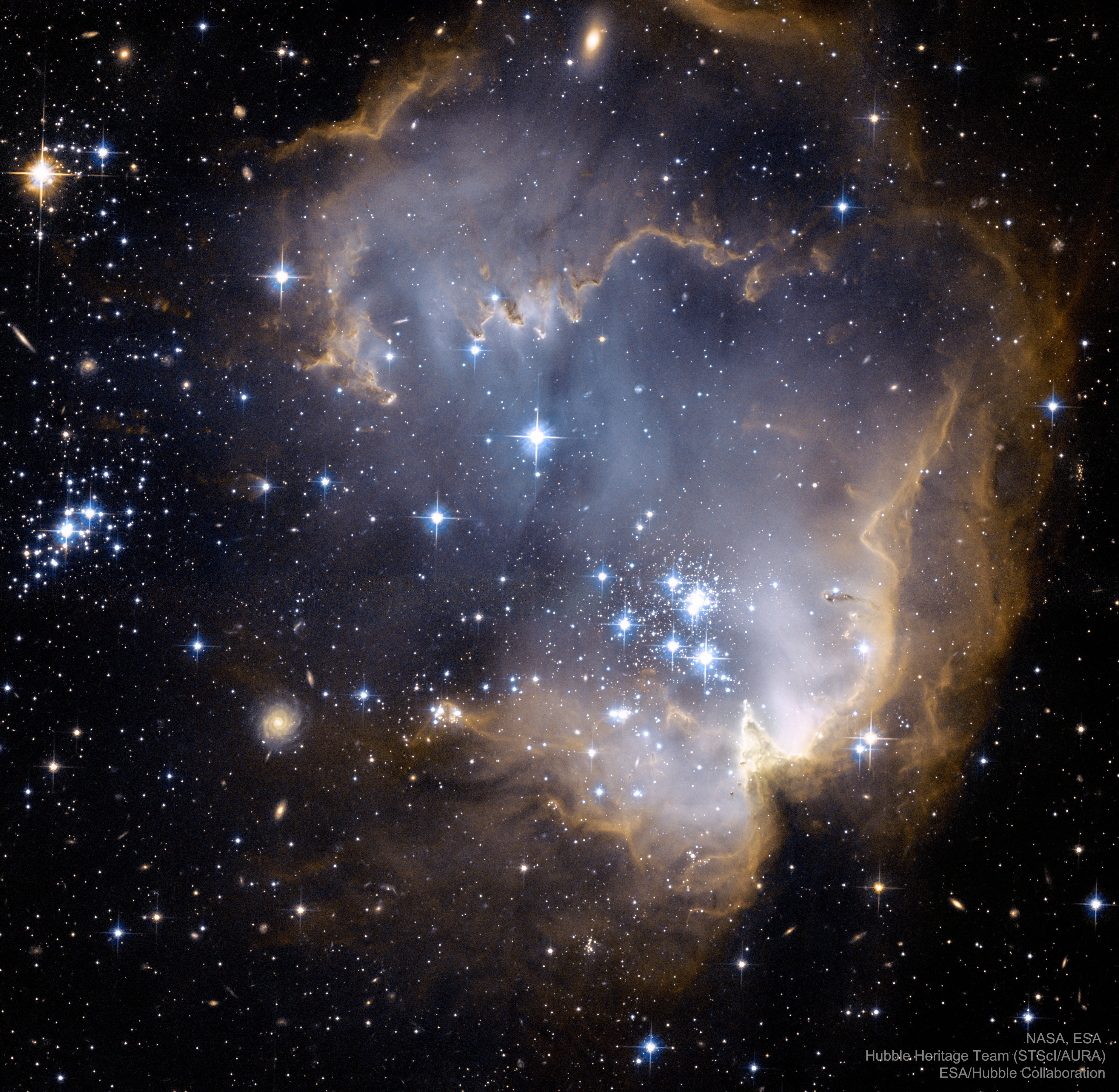 The clouds may look like an oyster, and the stars like pearls, but look beyond. Near the outskirts of the Small Magellanic Cloud, a satellite galaxy some 200 thousand light-years distant, lies 5 million year young star cluster NGC 602. Surrounded by natal gas and dust, NGC 602 is featured in this stunning Hubble image of the region. Fantastic ridges and swept back shapes strongly suggest that energetic radiation and shock waves from NGC 602's massive young stars have eroded the dusty material and triggered a progression of star formation moving away from the cluster's center. At the estimated distance of the Small Magellanic Cloud, the featured picture spans about 200 light-years, but a tantalizing assortment of background galaxies are also visible in this sharp multi-colored view. The background galaxies are hundreds of millions of light-years or more beyond NGC 602.