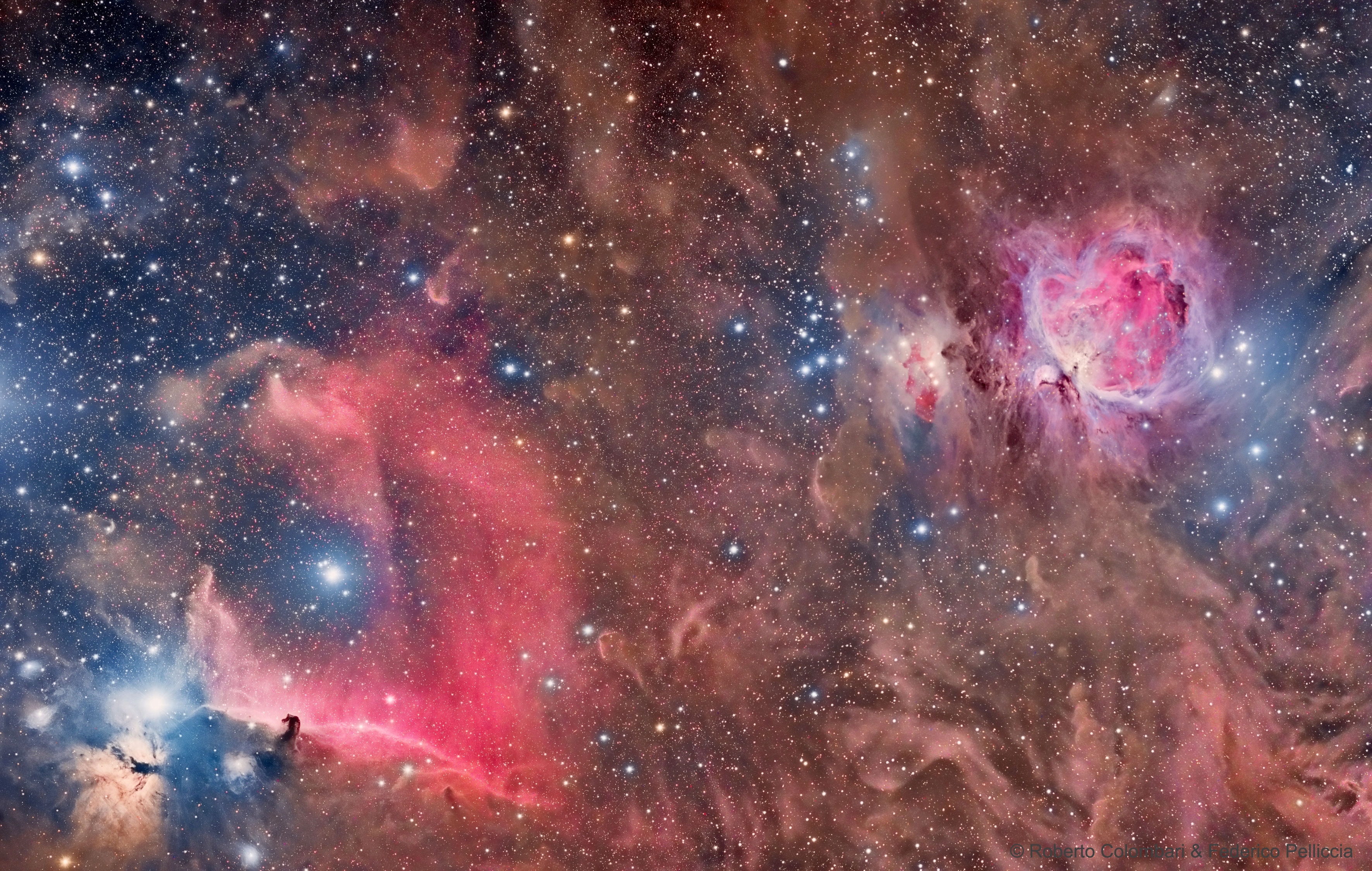 The dark Horsehead Nebula and the glowing Orion Nebula are contrasting cosmic vistas. Adrift 1,500 light-years away in one of the night sky's most recognizable constellations, they appear in opposite corners of the above stunning mosaic. The familiar Horsehead nebula appears as a dark cloud, a small silhouette notched against the long red glow at the lower left. Alnitak is the easternmost star in Orion's belt and is seen as the brightest star to the left of the Horsehead. Below Alnitak is the Flame Nebula, with clouds of bright emission and dramatic dark dust lanes. The magnificent emission region, the Orion Nebula (aka M42), lies at the upper right. Immediately to its left is a prominent reflection nebula sometimes called the Running Man. Pervasive tendrils of glowing hydrogen gas are easily traced throughout the region.    Astrophysicists: Browse 2,500+ codes in the Astrophysics Source Code Library