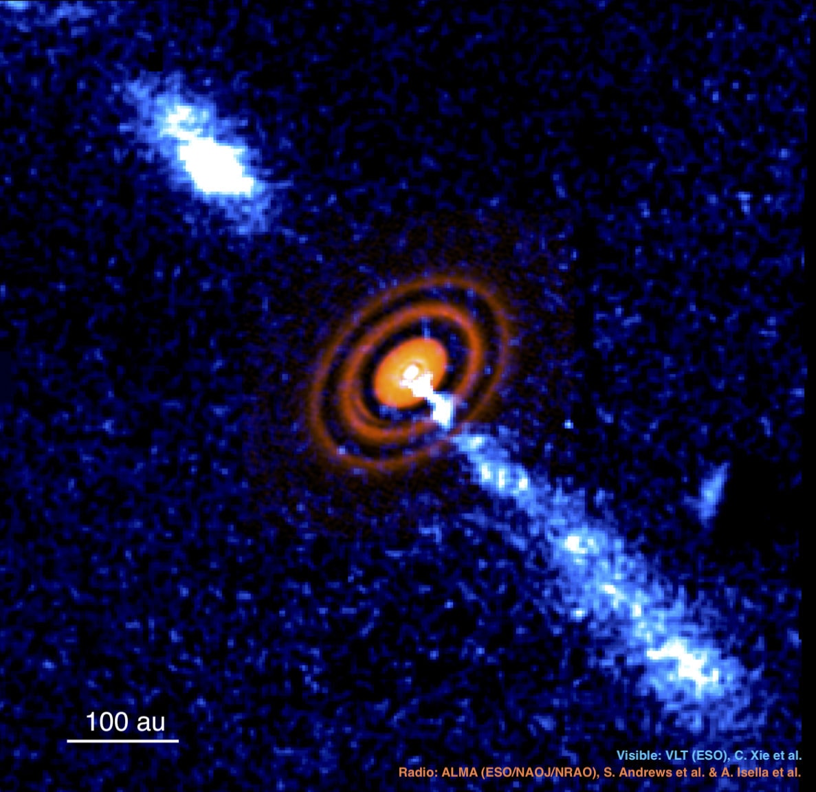 How are jets created during star formation? No one is sure, although recent images of the young star system HD 163296 are quite illuminating. The central star in the featured image is still forming but seen already surrounded by a rotating disk and an outward moving jet. The disk is shown in radio waves taken by the Atacama Large Millimeter Array (ALMA) in Chile, and show gaps likely created by the gravity of very-young planets.  The jet, shown in visible light taken by the Very Large Telescope (VLT, also in Chile), expels fast-moving gas -- mostly hydrogen -- from the disk center.  The system spans hundreds of times the Earth-Sun distance (au).  Details of these new observations are being interpreted to  bolster conjectures that the jets are generated and shaped, at least in part, by magnetic fields in the rotating disk. Future observations of HD 163296 and other similar star-forming systems may help fill in details.    Astrophysicists: Browse 2,500+ codes in the Astrophysics Source Code Library