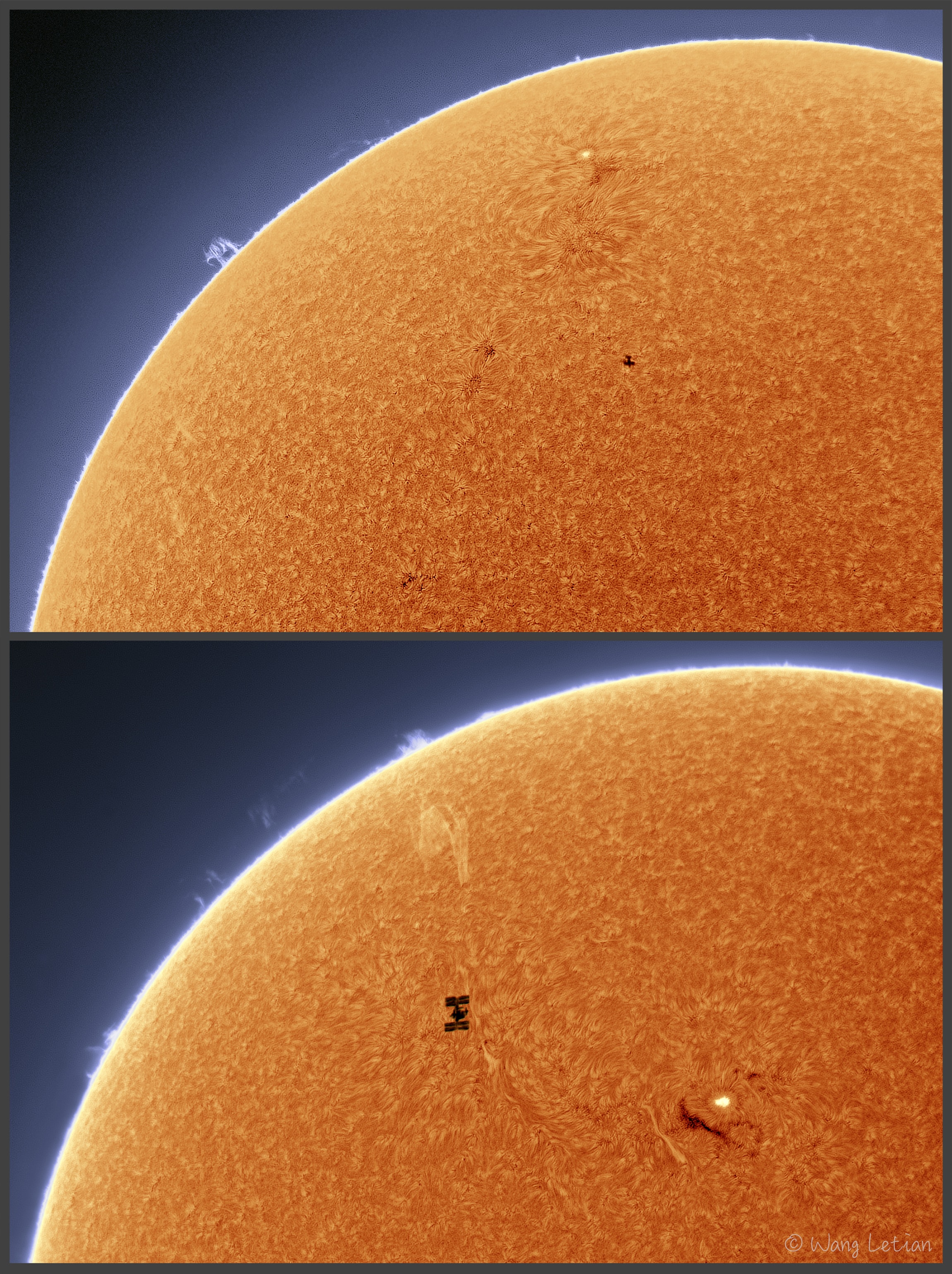 These two panels, composed of video frames made with a safe solar telescope and hydrogen alpha filter, show remarkably sharp details on the solar disk and giant prominences along the Sun's edge on June 6 (top) and June 18. Taken from Beijing, China, they also show a transit of the International Space Station and China's new Tiangong Space Station in silhouette against the bright Sun. The International Space Station is near center in the bottom panel, crossing the solar disk left of bright active region AR2833 and below a large looping solar filament. China's space station is below solar active region AR2827 and right of center in the top panel, seen as a smaller, combined "+" and "-" shape. The pictures of the transiting orbital outposts were taken with the same equipment and at the same pixel scale, with the International Space Station some 492 kilometers away. China's space station was over 400 kilometers from the camera.