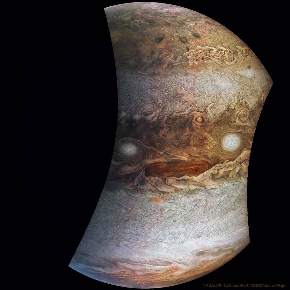 What do you see in the clouds of Jupiter? On the largest scale, circling the planet, Jupiter has alternating light zones and reddish-brown belts. Rising zone gas, mostly hydrogen and helium, usually swirls around regions of high pressure. Conversely, falling belt gas usually whirls around regions of low pressure, like cyclones and hurricanes on Earth.  Belt storms can form into large and long-lasting white ovals and elongated red spots. NASA's robotic Juno spacecraft captured most of these cloud features in 2017 during perijove 6, its sixth pass over the giant planet in its looping 2-month orbit.  But it is surely not these clouds themselves that draws your attention to the displayed image, but rather their arrangement.  The face that stands out, nicknamed Jovey McJupiterFace, lasted perhaps a few weeks before the neighboring storm clouds rotated away. Juno has now completed 33 orbits around Jupiter and just yesterday made a close pass near Ganymede, our Solar System's largest moon.