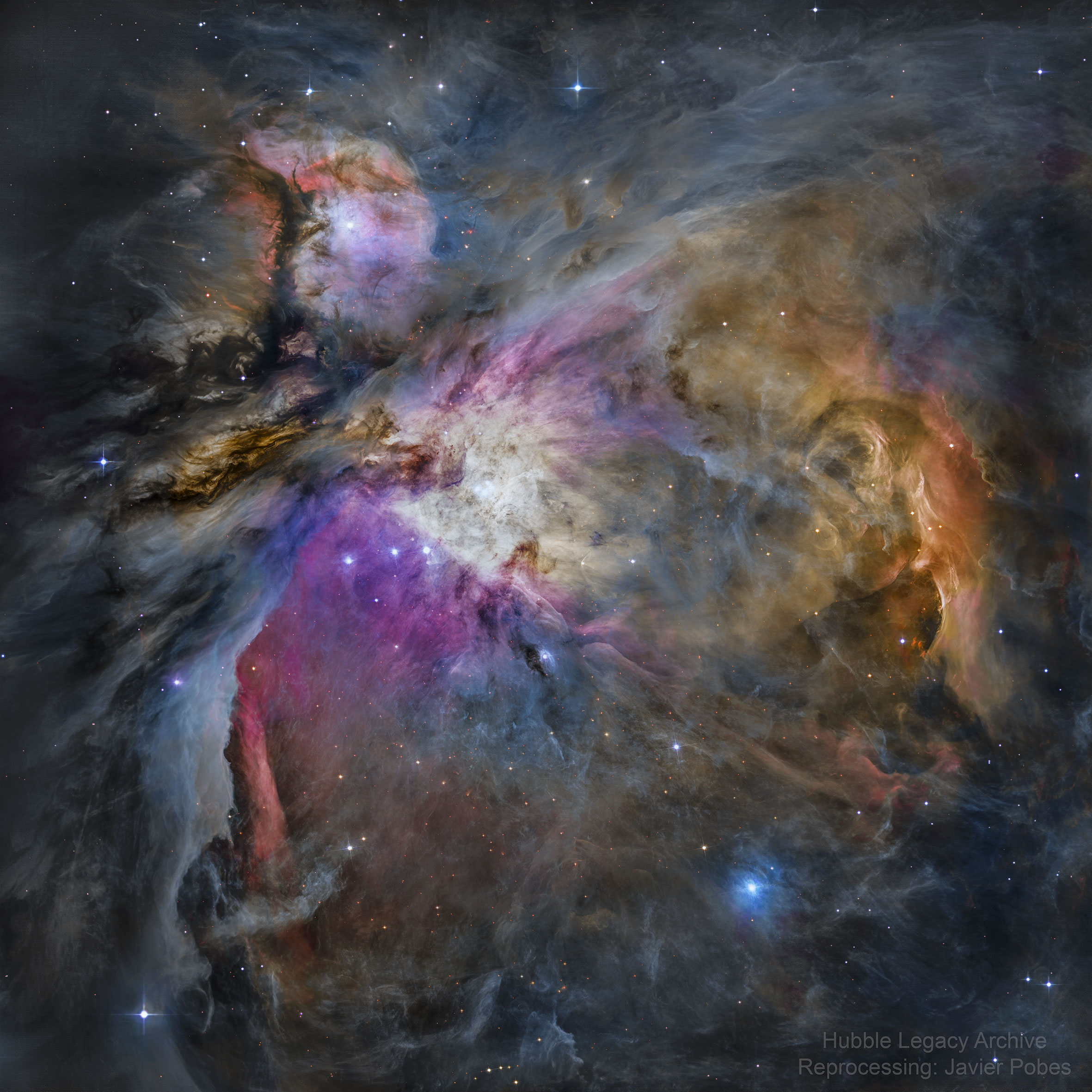 Few cosmic vistas excite the imagination like the Orion Nebula. Also known as M42, the nebula's glowing gas surrounds hot young stars at the edge of an immense interstellar molecular cloud only 1,500 light-years away. The Orion Nebula offers one of the best opportunities to study how stars are born partly because it is the nearest large star-forming region, but also because the nebula's energetic stars have blown away obscuring gas and dust clouds that would otherwise block our view - providing an intimate look at a range of ongoing stages of starbirth and evolution. The featured image of the Orion Nebula is among the sharpest ever, constructed using data from the Hubble Space Telescope.  The entire Orion Nebula spans about 40 light years and is located in the same spiral arm of our Galaxy as the Sun.