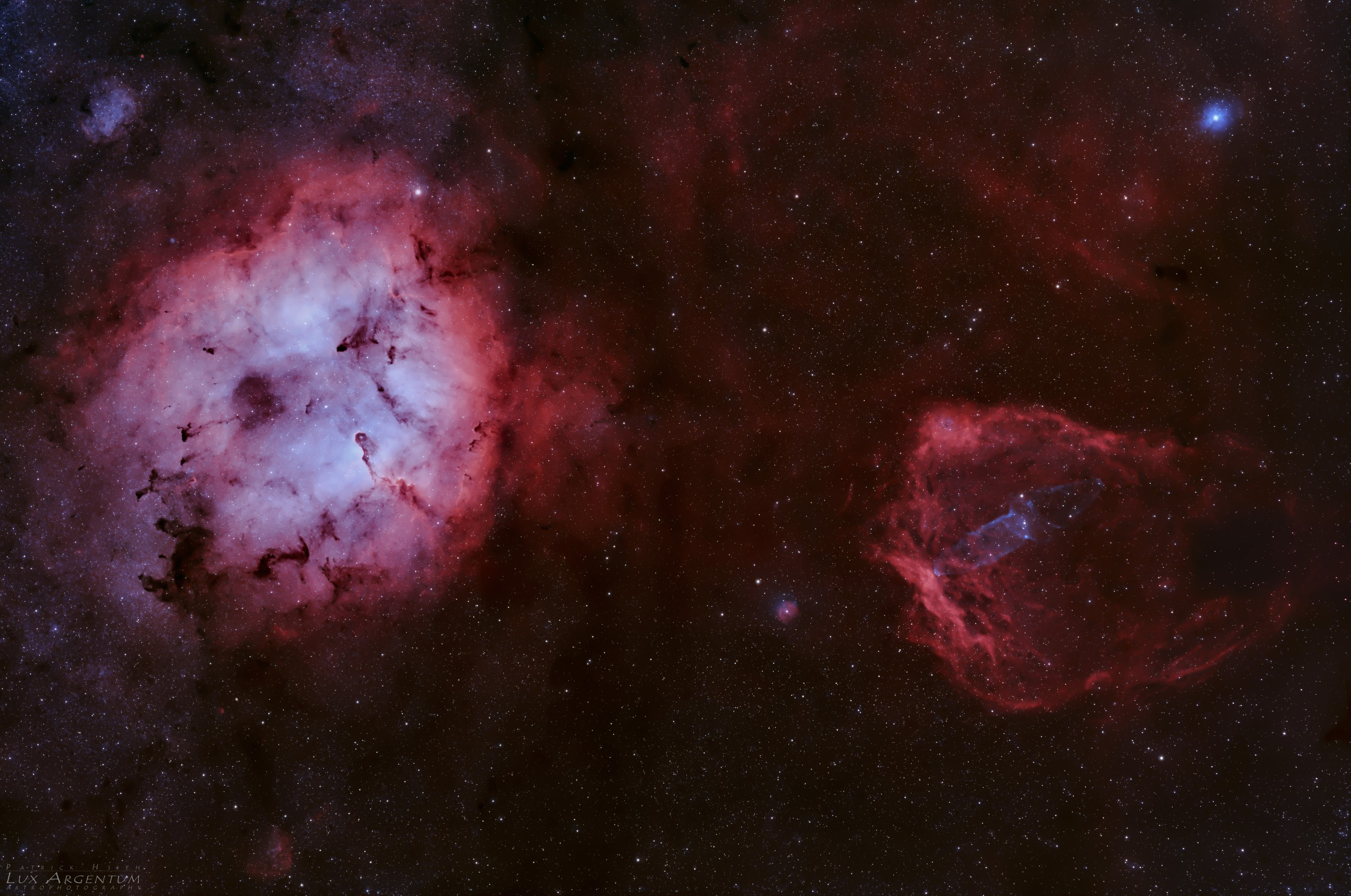 Sprawling emission nebulae IC 1396 and Sh2-129 mix glowing interstellar gas and dark dust clouds in this 10 degree wide field of view toward the northern constellation Cepheus the King. Energized by its bluish central star IC 1396 (left) is hundreds of light-years across and some 3,000 light-years distant. The nebula's intriguing dark shapes include a winding dark cloud popularly known as the Elephant's Trunk below and right of center. Tens of light-years long, it holds the raw raw material for star formation and is known to hide protostars within. Located a similar distance from planet Earth, the bright knots and swept back ridges of emission of Sh2-129 on the right suggest its popular name, the Flying Bat Nebula. Within the Flying Bat, the most recently recognized addition to this royal cosmic zoo is the faint bluish emission from Ou4, the Giant Squid nebula.