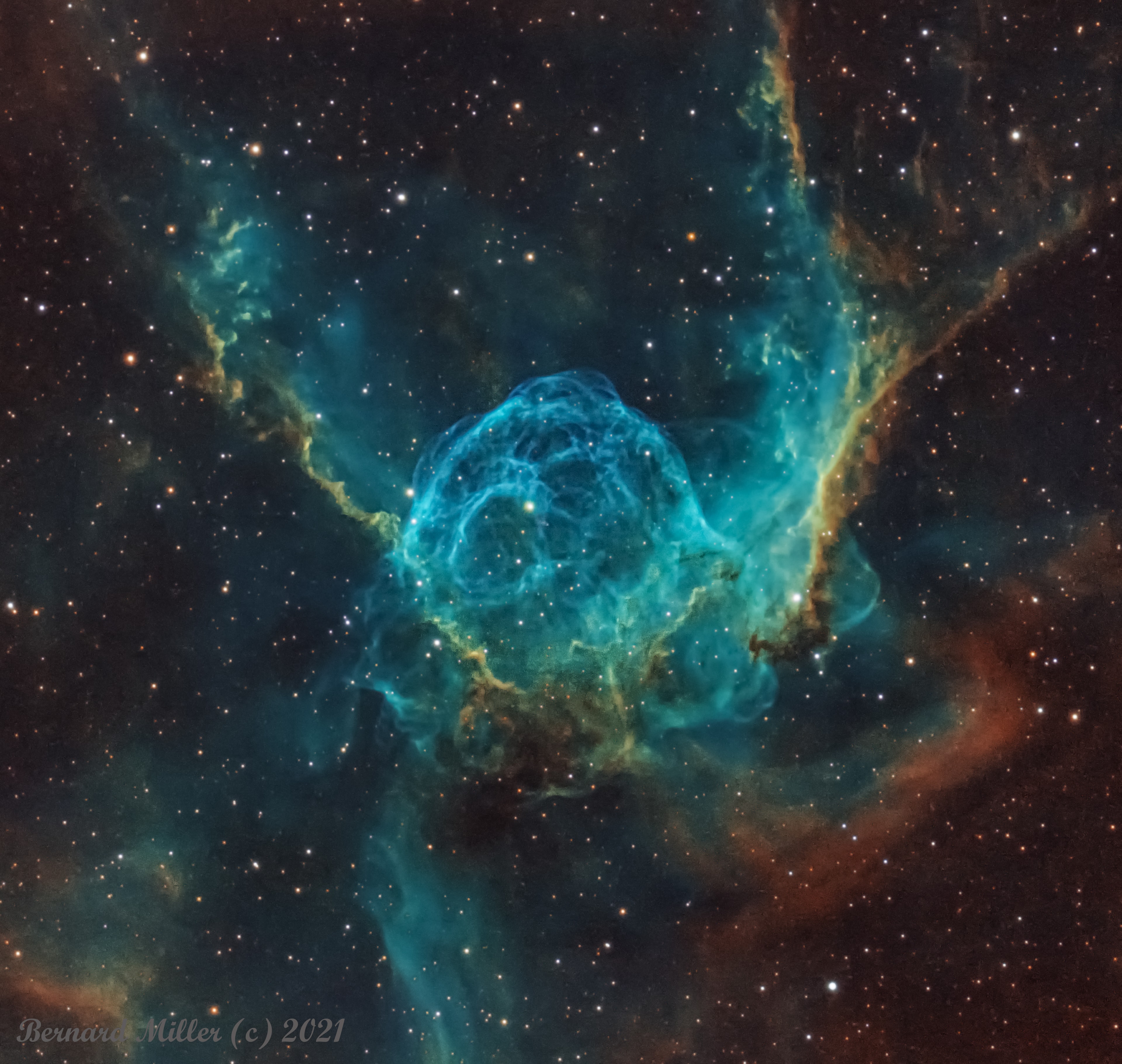 Thor not only has his own day (Thursday), but a helmet in the heavens.  Popularly called Thor's Helmet, NGC 2359 is a hat-shaped cosmic cloud with wing-like appendages. Heroically sized even for a Norse god, Thor's Helmet is about 30 light-years across. In fact, the cosmic head-covering is more like an interstellar bubble, blown with a fast wind from the bright, massive star near the bubble's center. Known as a Wolf-Rayet star, the central star is an extremely hot giant thought to be in a brief, pre-supernova stage of evolution. NGC 2359 is located about 15,000 light-years away toward the constellation of the Great Overdog. This remarkably sharp image is a mixed cocktail of data from broadband and narrowband filters, capturing not only natural looking stars but details of the nebula's filamentary structures. The star in the center of Thor's Helmet is expected to explode in a spectacular supernova sometime within the next few thousand years.    Almost Hyperspace: Random APOD Generator