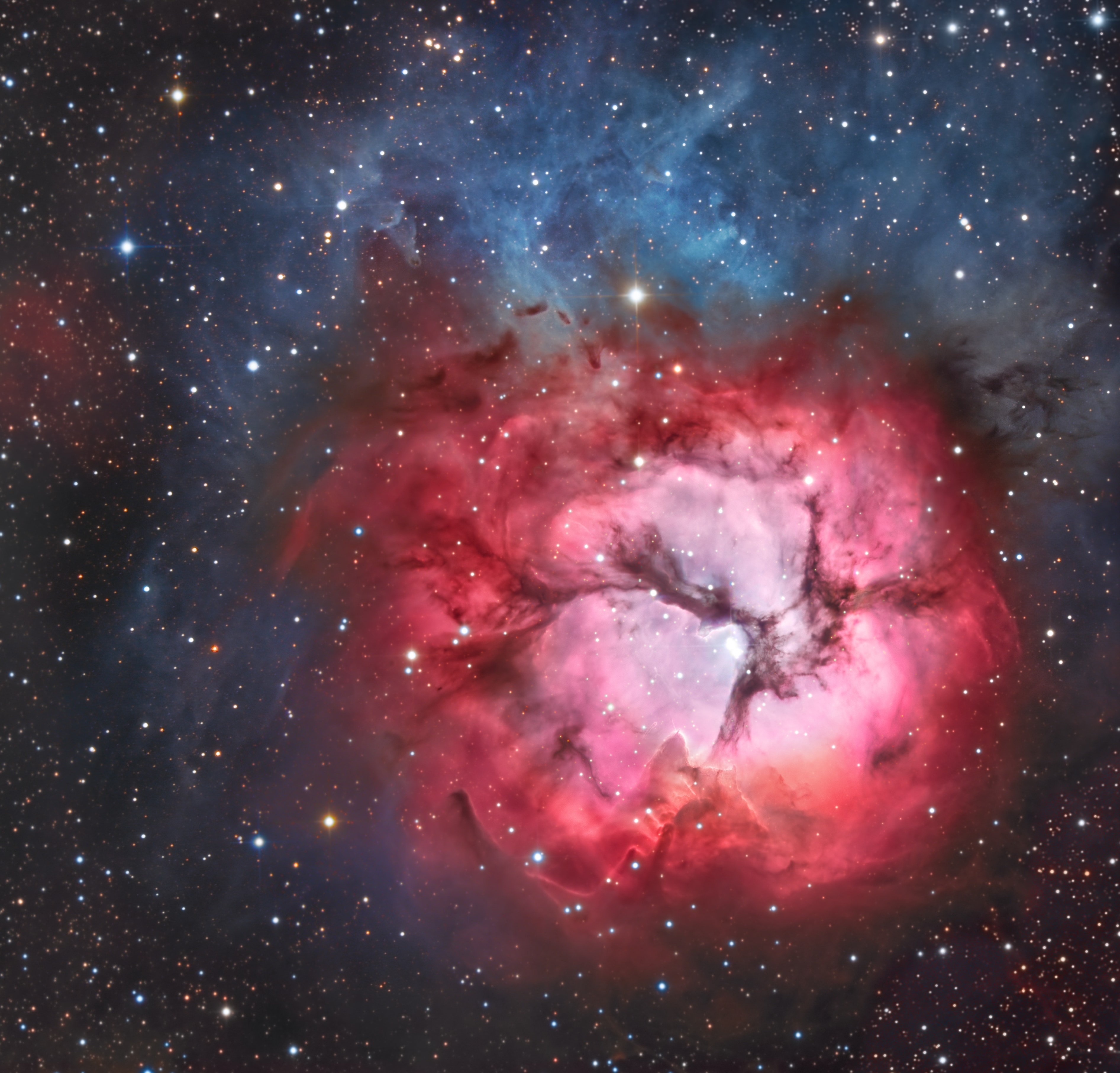 The beautiful Trifid Nebula is a cosmic study in contrasts. Also known as M20, it lies about 5,000 light-years away toward the nebula rich constellation Sagittarius. A star forming region in the plane of our galaxy, the Trifid does illustrate three different types of astronomical nebulae; red emission nebulae dominated by light from hydrogen atoms, blue reflection nebulae produced by dust reflecting starlight, and dark nebulae where dense dust clouds appear in silhouette. But the red emission region roughly separated into three parts by obscuring dust lanes is what lends the Trifid its popular name. Pillars and jets sculpted by newborn stars, below and left of the emission nebula's center, appear in famous Hubble Space Telescope close-up images of the region. The Trifid Nebula is about 40 light-years across. Just too faint to be seen by the unaided eye, it almost covers the area of a full moon in planet Earth's sky.