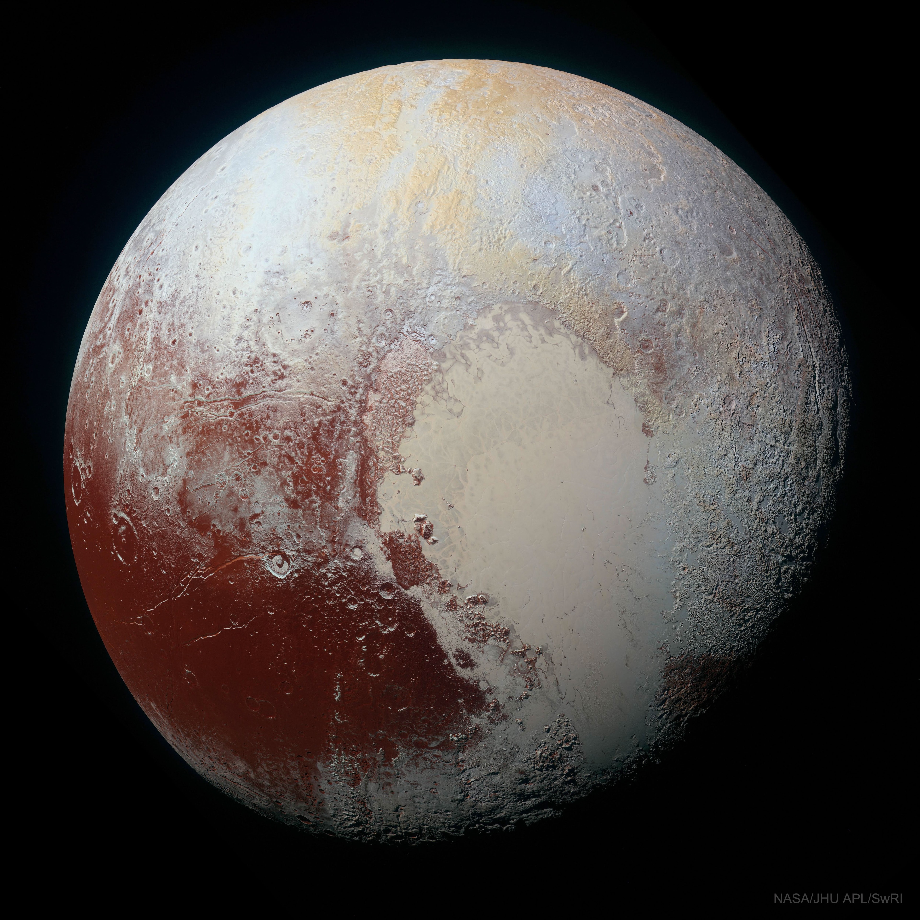 Pluto is more colorful than we can see. Color data and high-resolution images of our Solar System's most famous dwarf planet, taken by the robotic New Horizons spacecraft during its flyby in 2015 July, have been digitally combined to give an enhanced-color view of this ancient world sporting an unexpectedly young surface. The featured enhanced color image is not only esthetically pretty but scientifically useful, making surface regions of differing chemical composition visually distinct. For example, the light-colored heart-shaped Tombaugh Regio on the lower right is clearly shown here to be divisible into two regions that are geologically different, with the leftmost lobe Sputnik Planitia also appearing unusually smooth. After Pluto, New Horizons continued on, shooting  past asteroid Arrokoth in 2019 and has enough speed to escape our Solar System completely.    Pluto-Related Images with Brief Explanations: APOD Pluto Search