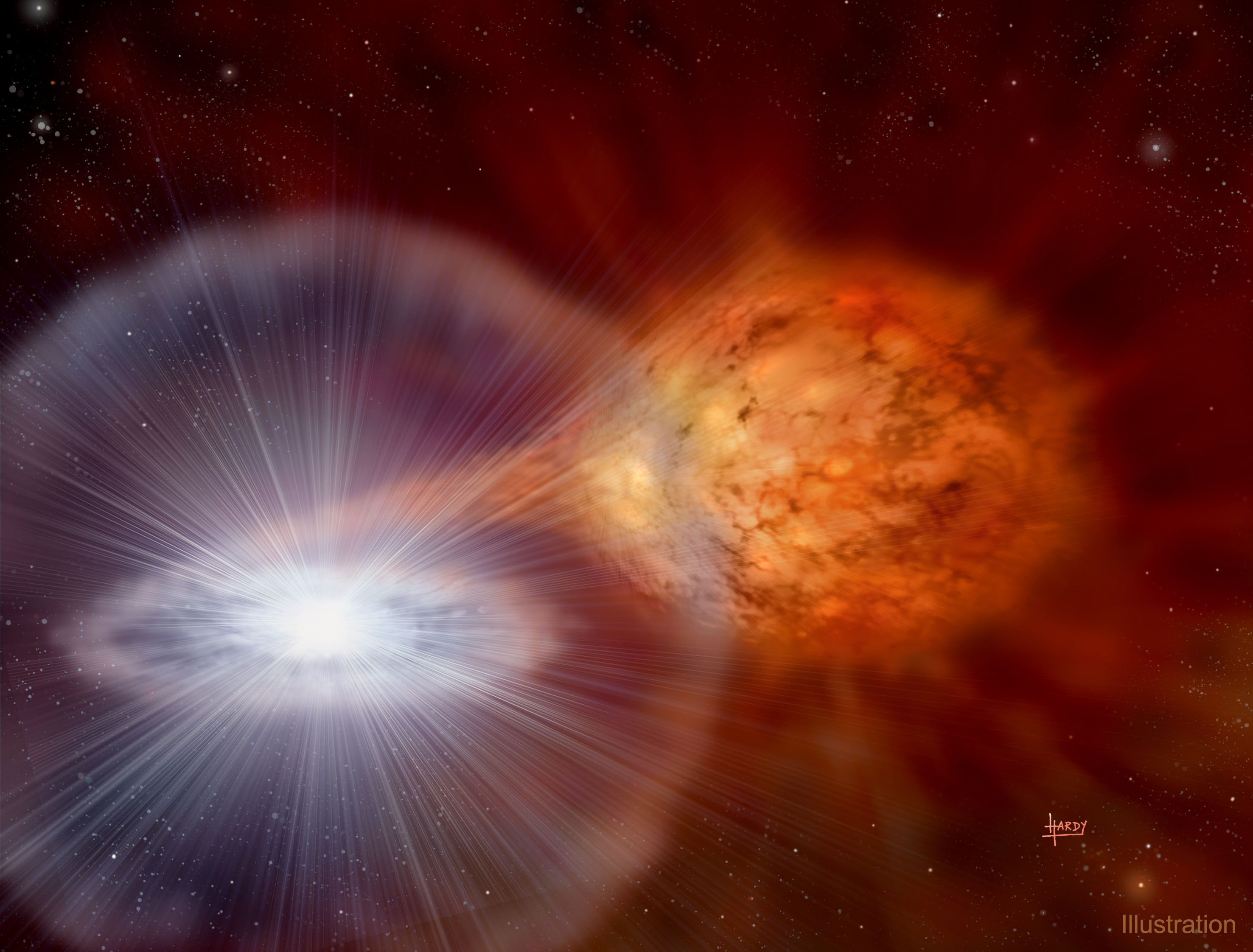 Spectacular explosions keep occurring in the binary star system named RS Ophiuchi.  Every 20 years or so, the red giant star dumps enough hydrogen gas onto its companion white dwarf star to set off a brilliant thermonuclear explosion on the white dwarf's surface.  At about 5,000 light years distant, the resulting nova explosions cause the RS Oph system to brighten up by a huge factor and become visible to the unaided eye.  The red giant star is depicted on the right of the above drawing, while the white dwarf is at the center of the bright accretion disk on the left.  As the stars orbit each other, a stream of gas moves from the giant star to the white dwarf.  Astronomers speculate that at some time in the next 100,000 years, enough matter will have accumulated on the white dwarf to push it over the Chandrasekhar Limit, causing a much more powerful and final explosion known as a supernova. Starting early this month, RS Oph was again seen exploding in a bright nova.