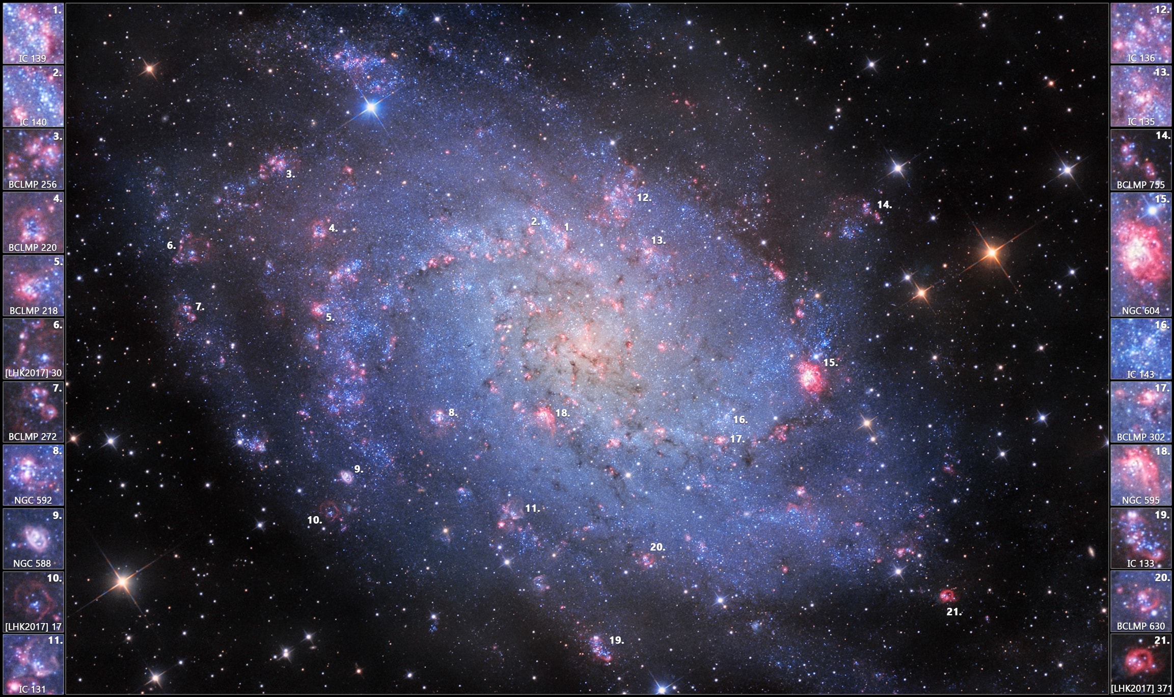 Gorgeous spiral galaxy M33 seems to have more than its fair share of glowing hydrogen gas. A prominent member of the local group of galaxies, M33 is also known as the Triangulum Galaxy and lies a mere 3 million light-years away.  Sprawling along loose spiral arms that wind toward the core, M33's giant HII regions are some of the largest known stellar nurseries, sites of the formation of short-lived but very massive stars. Intense ultraviolet radiation from the luminous massive stars ionizes the surrounding hydrogen gas and ultimately produces the characteristic red glow. To highlight the HII regions in this telescopic image, broadband data used to produce a color view of the galaxy were combined with narrowband data recorded through a hydrogen-alpha filter, transmitting the light of the strongest hydrogen emission line. Close-ups of cataloged HII regions appear in the sidebar insets. Use the individual reference number to find their location within the Triangulum Galaxy. For example, giant HII region NGC604 is identified in an inset on the right and appears at position number 15. That's about 4 o'clock from galaxy center in this portrait of M33.