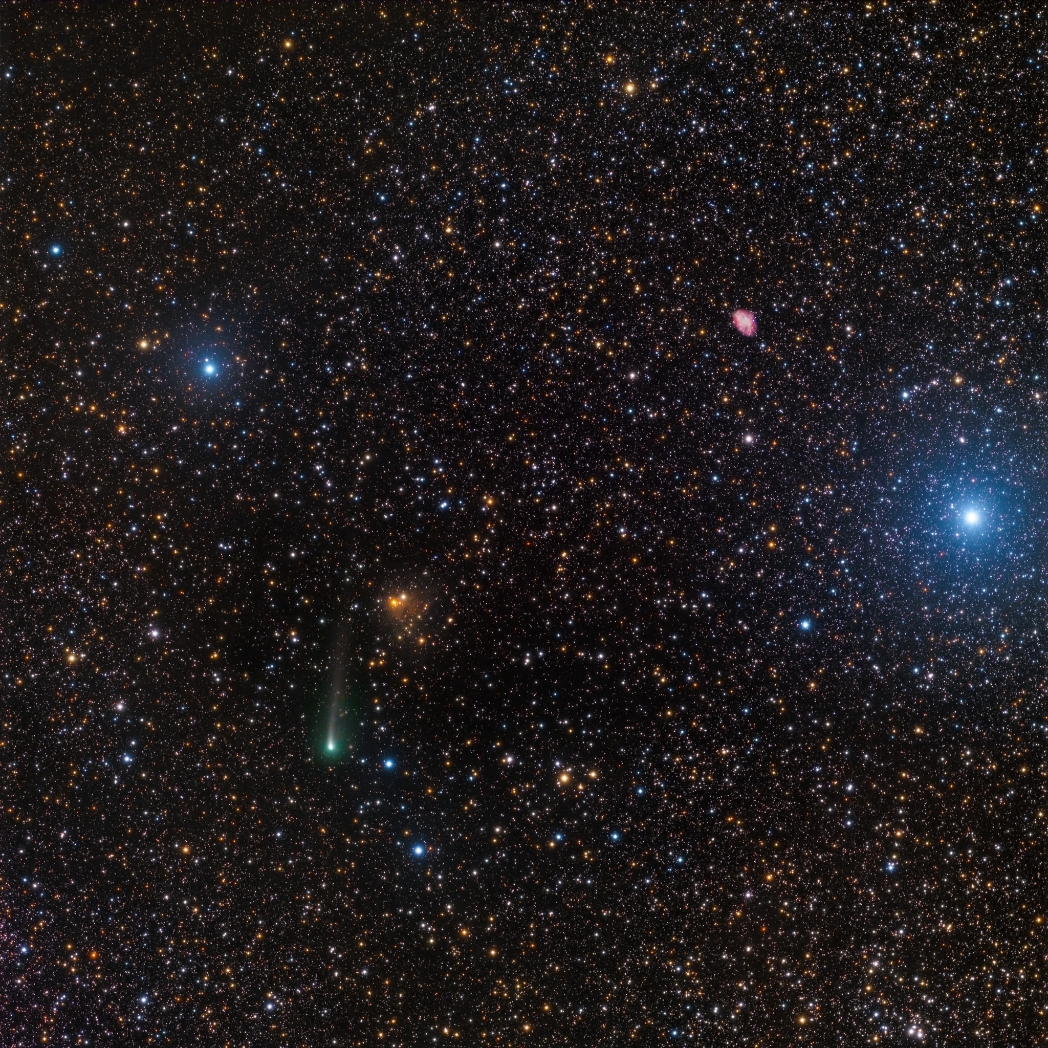 This pretty field of view spans over 2 degrees or 4 full moons on the sky, filled with stars toward the constellation Taurus, the Bull. Above and right of center in the frame you can spot the faint fuzzy reddish appearance of Messier 1 (M1), also known as the Crab Nebula. M1 is the first object in 18th century comet hunter Charles Messier's famous catalog of things which are definitely not comets. Made from image data captured this October 11, there is a comet in the picture though. Below center and left lies the faint greenish coma and dusty tail of periodic comet 67P Churyumov-Gerasimenko, also known as Rosetta's comet. In the 21st century, it became the final resting place of robots from planet Earth. Rosetta's comet is now returning to the inner solar system, sweeping toward its next perihelion or closest approach to the Sun, on November 2. Too faint to be seen by eye alone, the comet's next perigee or closest approach to Earth will be November 12.