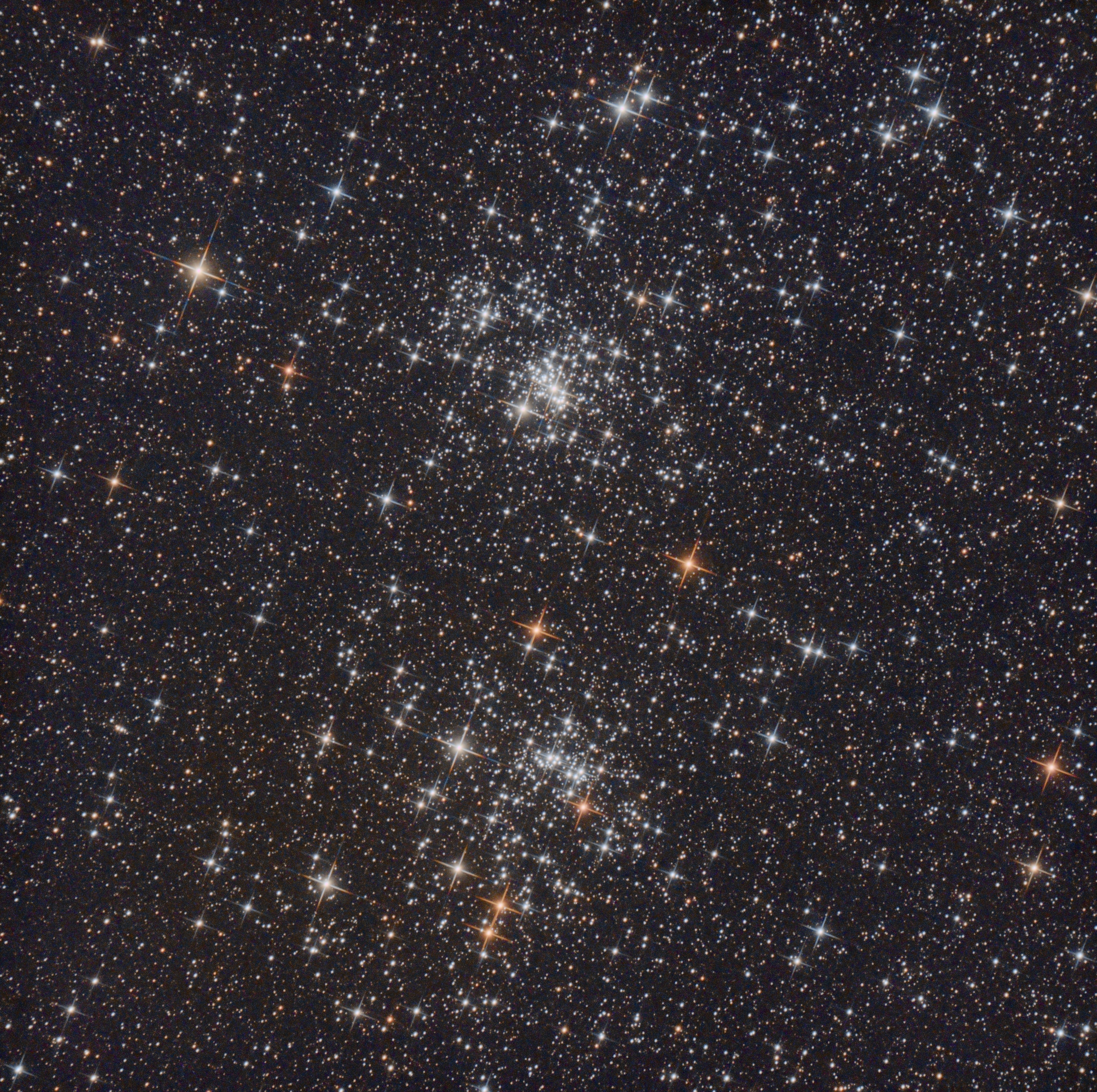 This pretty starfield spans about three full moons (1.5 degrees) across the heroic northern constellation of Perseus. It holds the famous pair of open star clusters, h and Chi Persei. Also cataloged as NGC 869 (top) and NGC 884, both clusters are about 7,000 light-years away and contain stars much younger and hotter than the Sun.  Separated by only a few hundred light-years, the clusters are both 13 million years young based on the ages of their individual stars, evidence that they were likely a product of the same star-forming region. Always a rewarding sight in binoculars, the Double Cluster is even visible to the unaided eye from dark locations. But a shroud of guitar strings was used to produce diffraction spikes on the colorful stars imaged in this vibrant telescopic view.   Global Moon Party:  Including APOD's Best Moon Images: Saturday, October 9