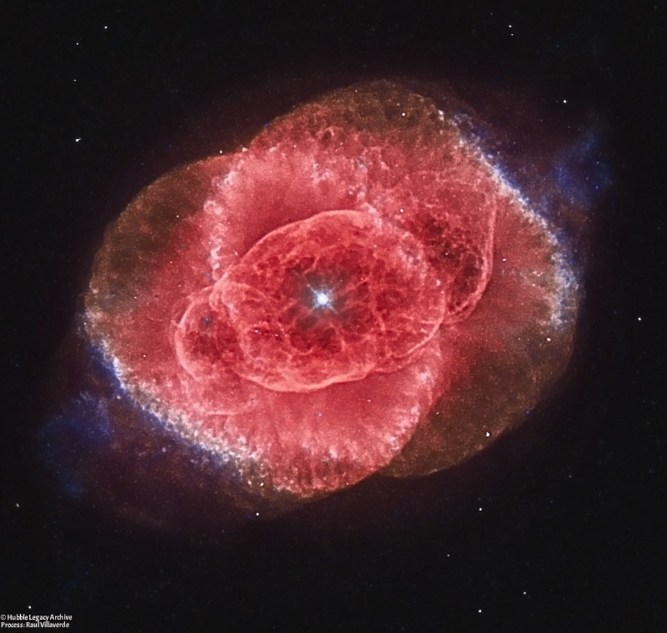 Three thousand light-years away, a dying star throws off shells of glowing gas. This image from the Hubble Space Telescope reveals the Cat's Eye Nebula (NGC 6543), to be one of the most complex planetary nebulae known. Spanning half a light-year, the features seen in the Cat's Eye are so complex that astronomers suspect the bright central object may actually be a binary star system. The term planetary nebula, used to describe this general class of objects, is misleading. Although these objects may appear round and planet-like in small telescopes, high resolution images with large telescopes reveal them to be stars surrounded by cocoons of gas blown off in the late stages of stellar evolution. Gazing into this Cat's Eye, astronomers may well be seeing more than detailed structure, they may be seeing the fate of our Sun, destined to enter its own planetary nebula phase of evolution ... in about 5 billion years.