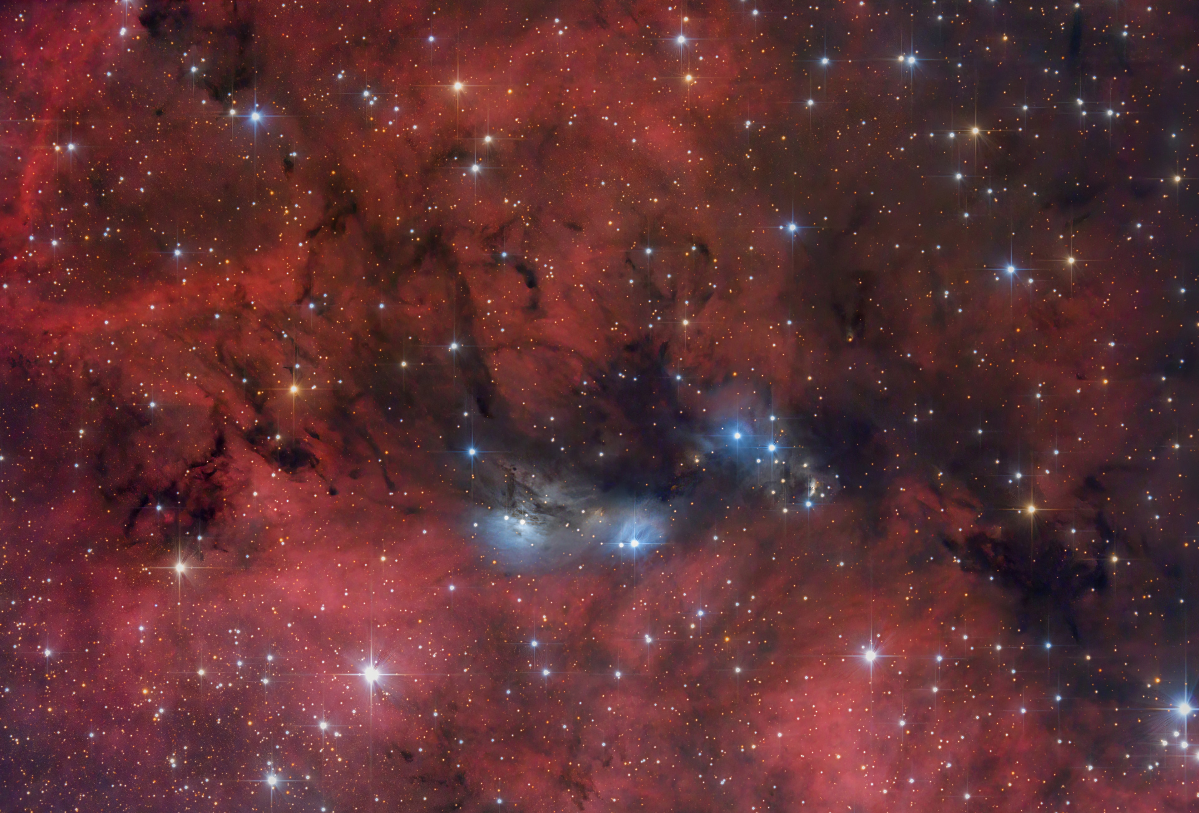 A study in contrasts, this colorful skyscape features stars, dust, and glowing gas in the vicinity of NGC 6914. The interstellar complex of nebulae lies some 6,000 light-years away, toward the high-flying northern constellation Cygnus and the plane of our Milky Way Galaxy. Obscuring interstellar dust clouds appear in silhouette while reddish hydrogen emission nebulae, along with the dusty blue reflection nebulae, fill the cosmic canvas. Ultraviolet radiation from the massive, hot, young stars of the extensive Cygnus OB2 association ionize the region's atomic hydrogen gas, producing the characteristic red glow as protons and electrons recombine. Embedded Cygnus OB2 stars also provide the blue starlight strongly reflected by the dust clouds. The over 1 degree wide telescopic field of view spans about 100 light-years at the estimated distance of NGC 6914.